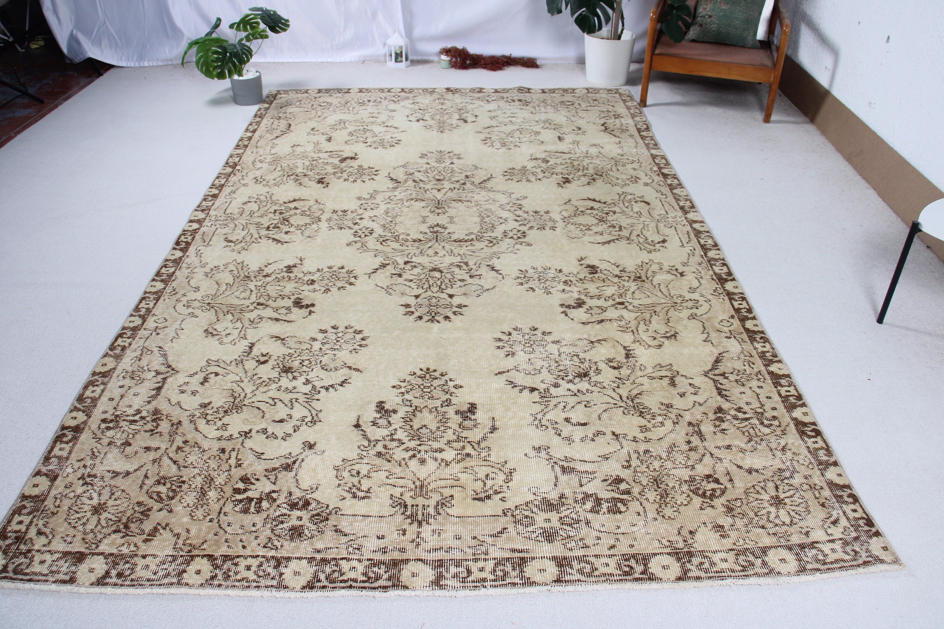 Açıklama Halısı, Bej Antika Halı, Etnik Halılar, Yatak Odası Halısı, Havalı Halılar, Vintage Halı, Büyük Oushak Halıları, 6,5x10,4 ft Büyük Halı, Türk Halısı