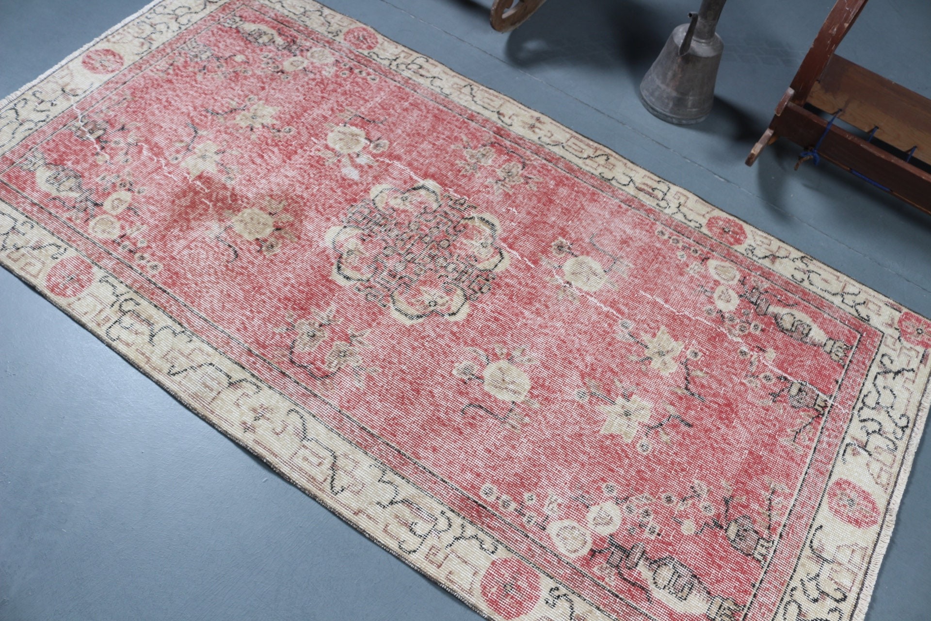 Vintage Halı, Ev Dekorasyonu Halısı, Türk Halıları, İç Mekan Halısı, Havalı Halı, Mutfak Halısı, Mutfak Halıları, 3.6x6.9 ft Alan Halıları, Pembe Oushak Halısı