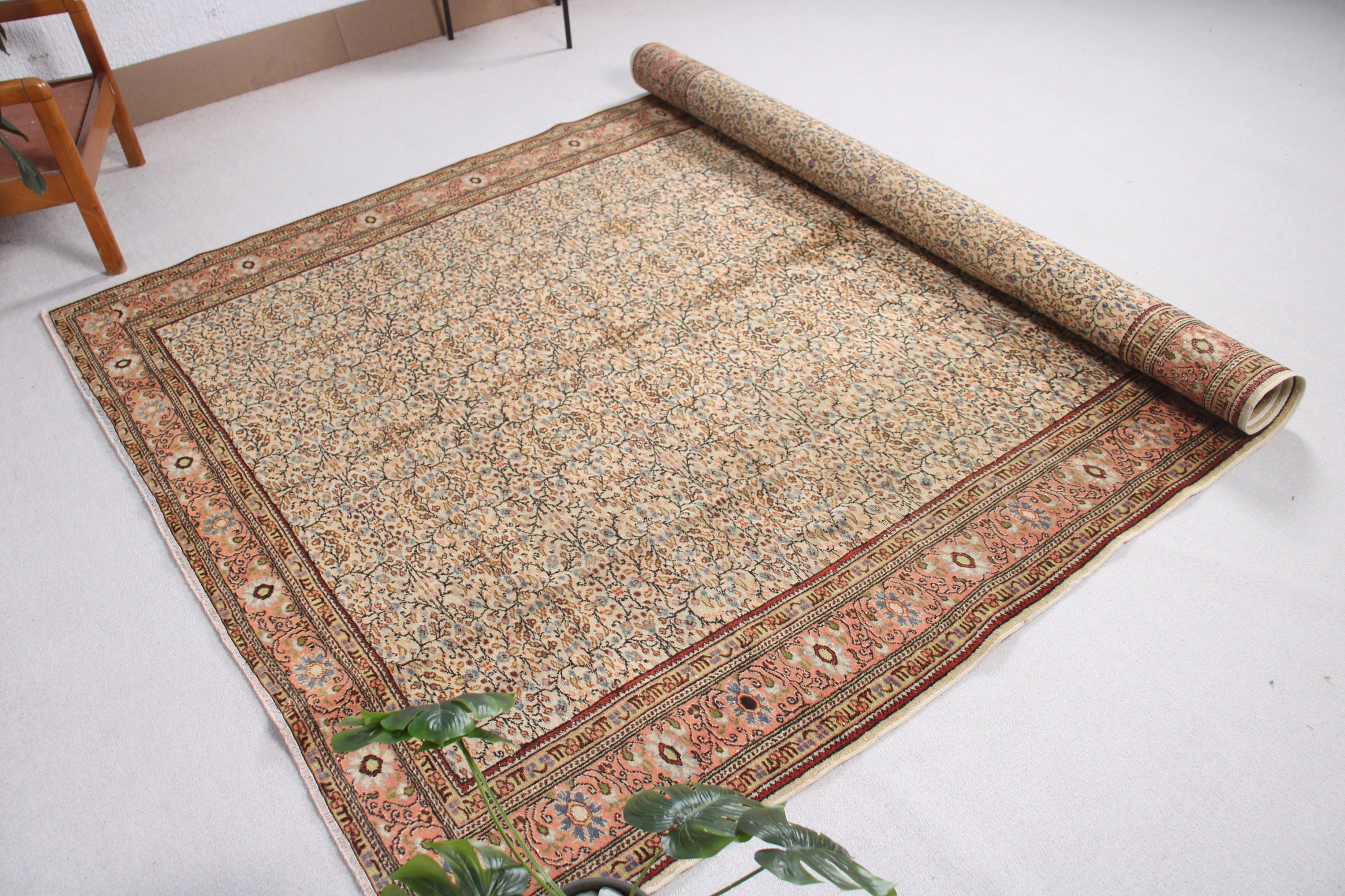 Bej Yer Halıları, Düz Dokuma Halı, Türk Halıları, Nötr Halılar, Vintage Halı, 6,5x9,5 ft Büyük Halı, Büyük Boho Halısı, Büyük Oushak Halıları