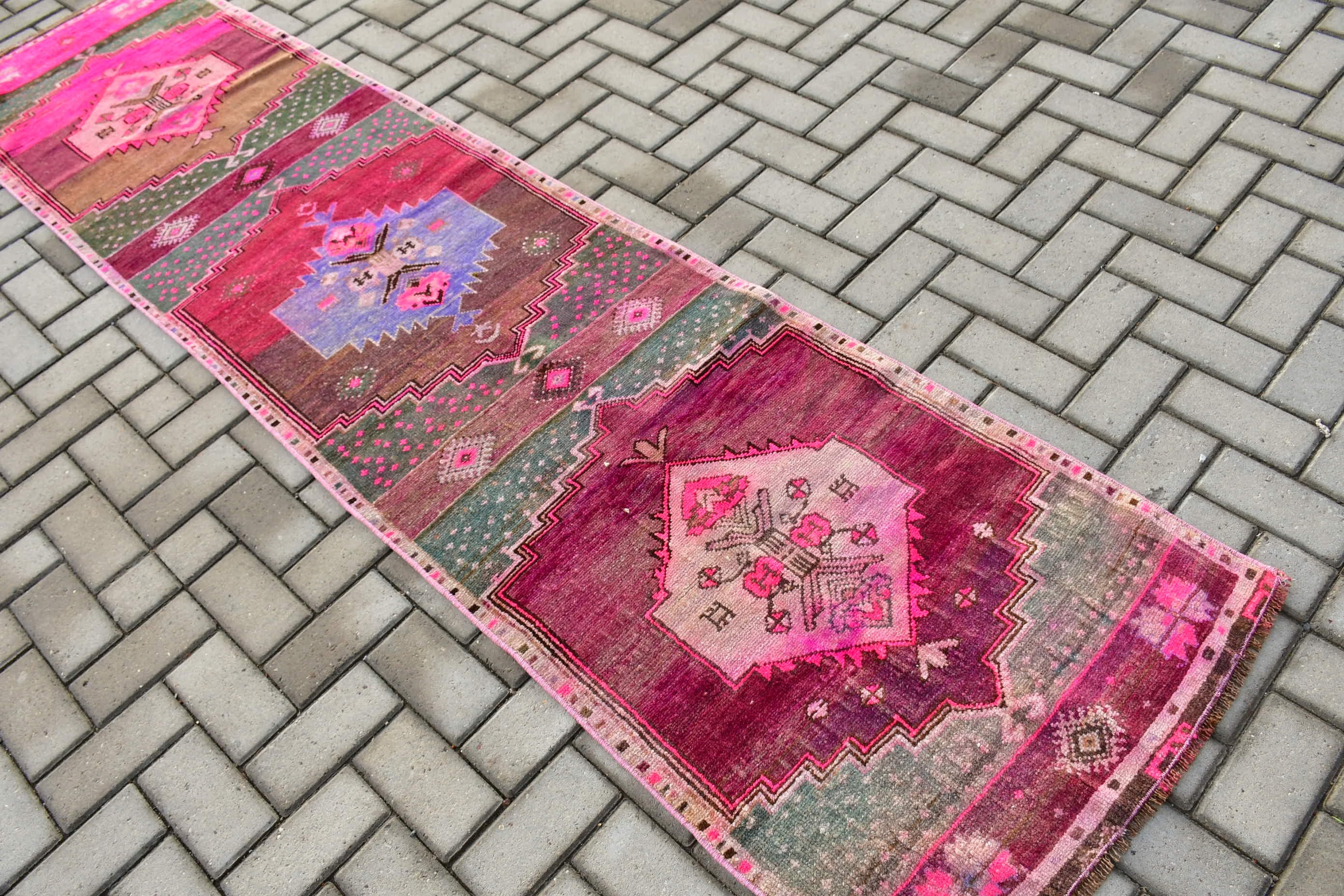 Corridor Rug, Pink Anatolian Rug, Kitchen Rug, Rugs for Runner, Turkish Rug, Floor Rug, Wool Rugs, Vintage Rug, 2.3x9.6 ft Runner Rugs