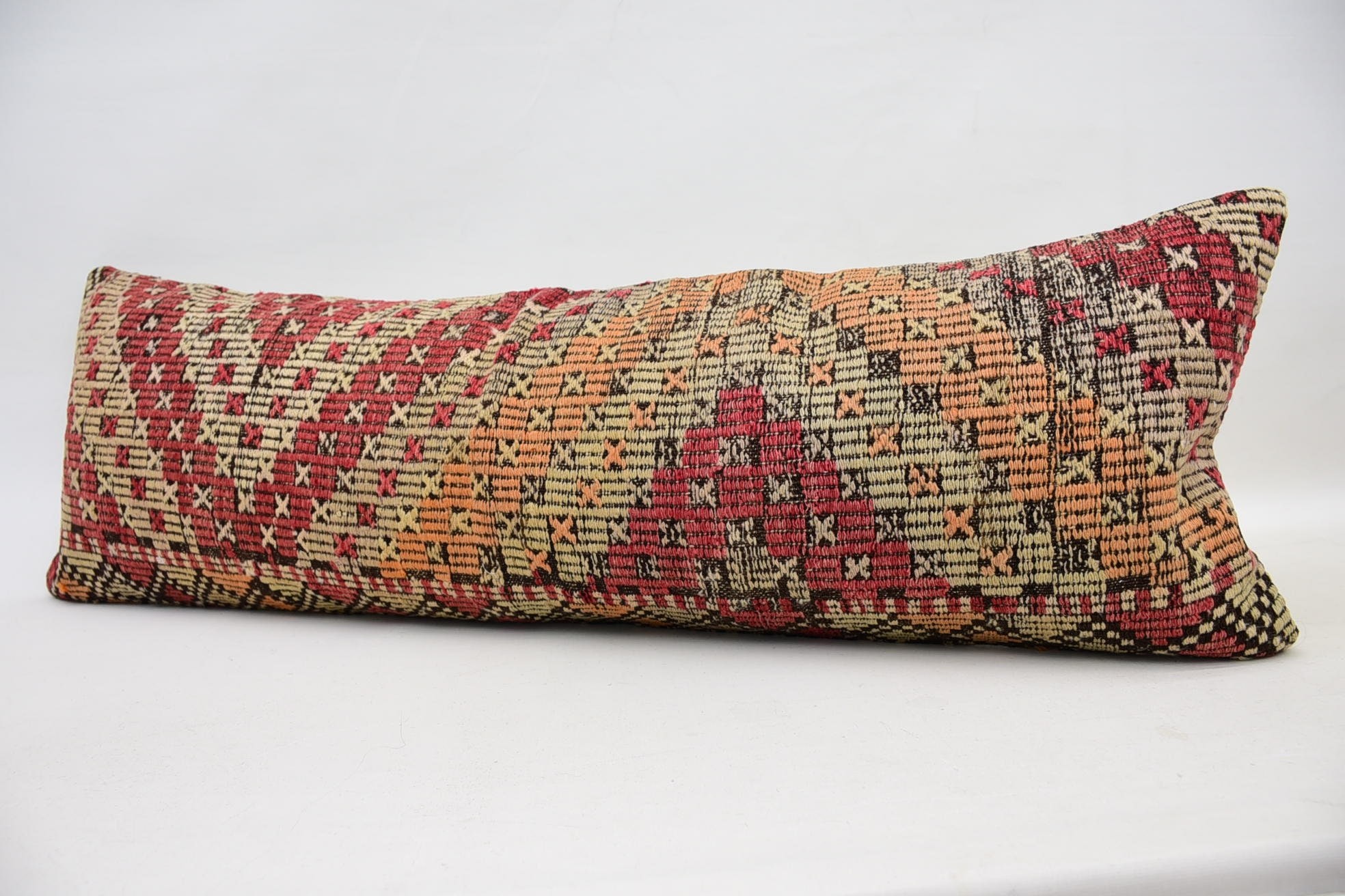 Nötr Yastık, İç Tasarım Yastık, Vintage Kilim Kırlent, Antika Yastıklar, 16"x48" Kırmızı Minder Kılıfı