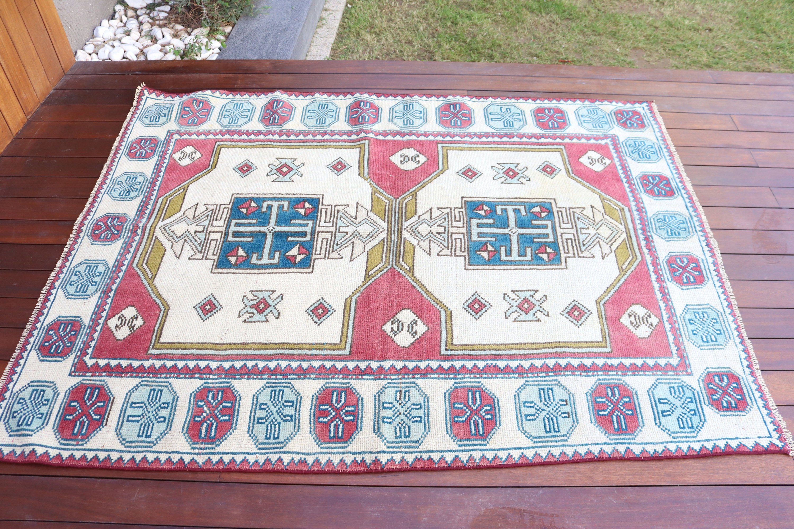 Düz Dokuma Halı, Vintage Halılar, Türk Halısı, Oushak Alan Halısı, Vintage Alan Halıları, Boho Halıları, Bej Soğuk Halı, 4.3x5.7 ft Alan Halısı, Geometrik Halı