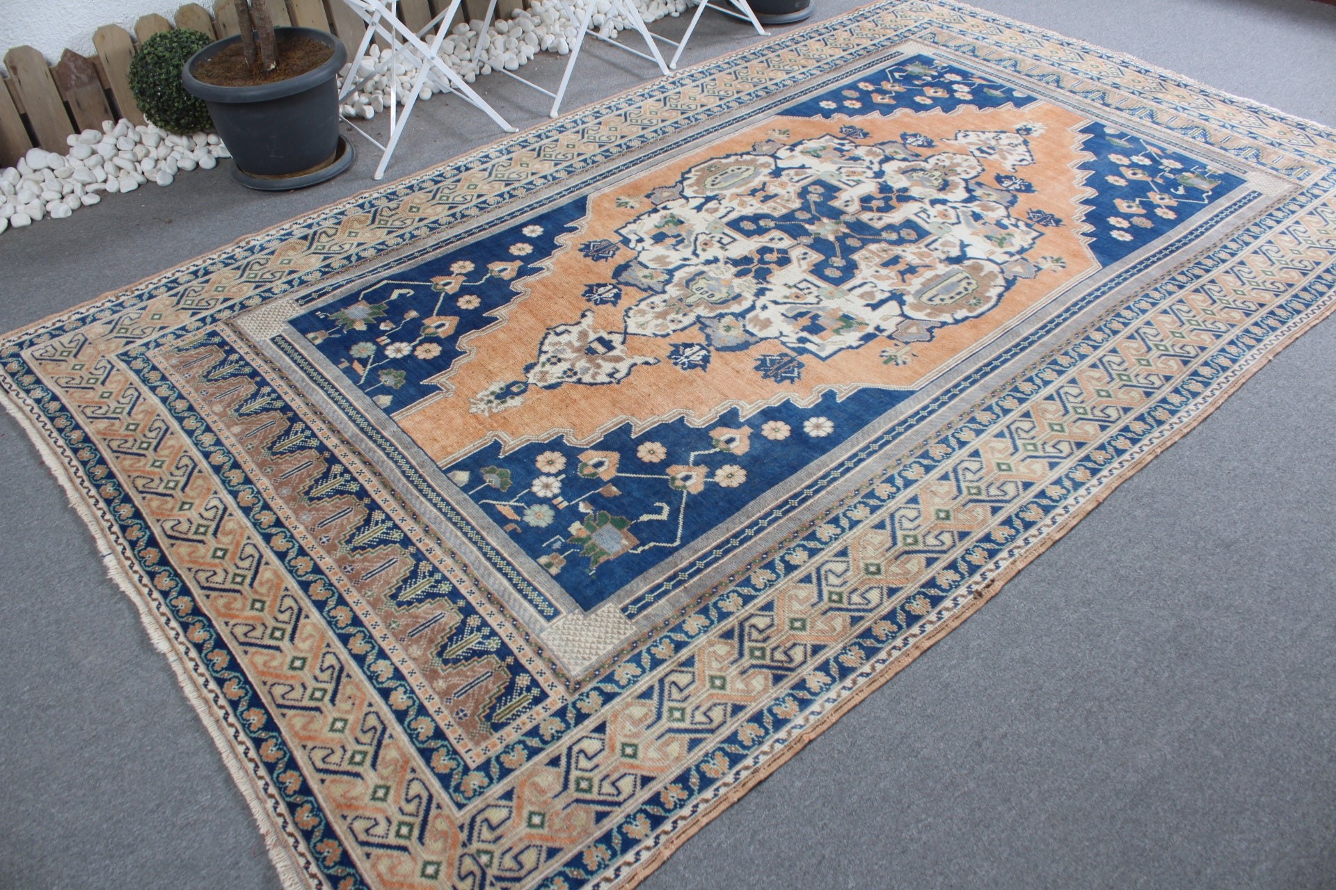 Vintage Rug, Aztec Rug, Turkish Rugs, Anatolian Rug, Dining Room Rug, Bedroom Rug, Oushak Rug, Blue  6.1x10.6 ft Large Rug