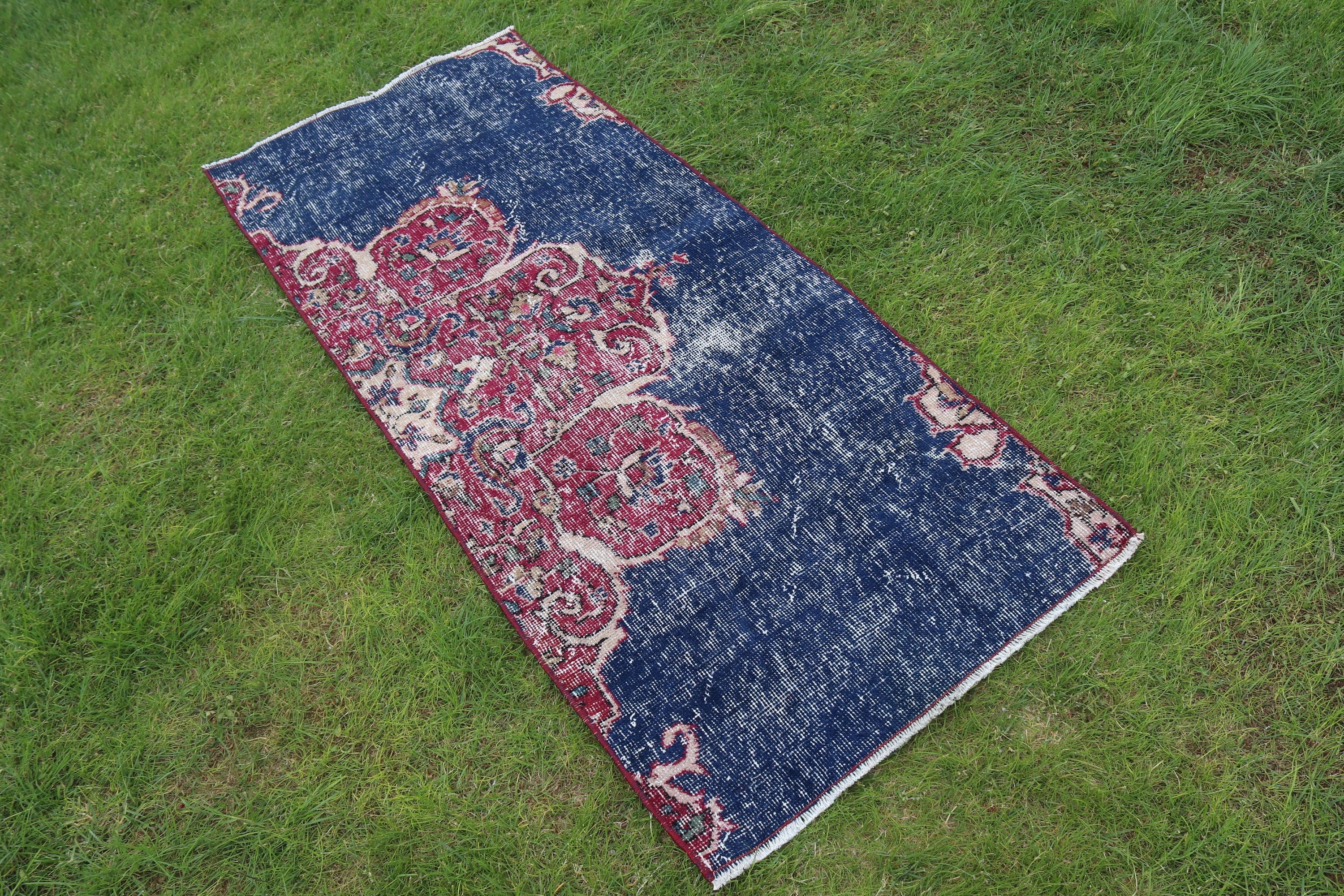 Blue Anatolian Rug, Car Mat Rug, Vintage Rugs, Bath Rugs, 2.2x5.2 ft Small Rug, Rugs for Car Mat, Turkish Rug, Oushak Rug, Luxury Rug