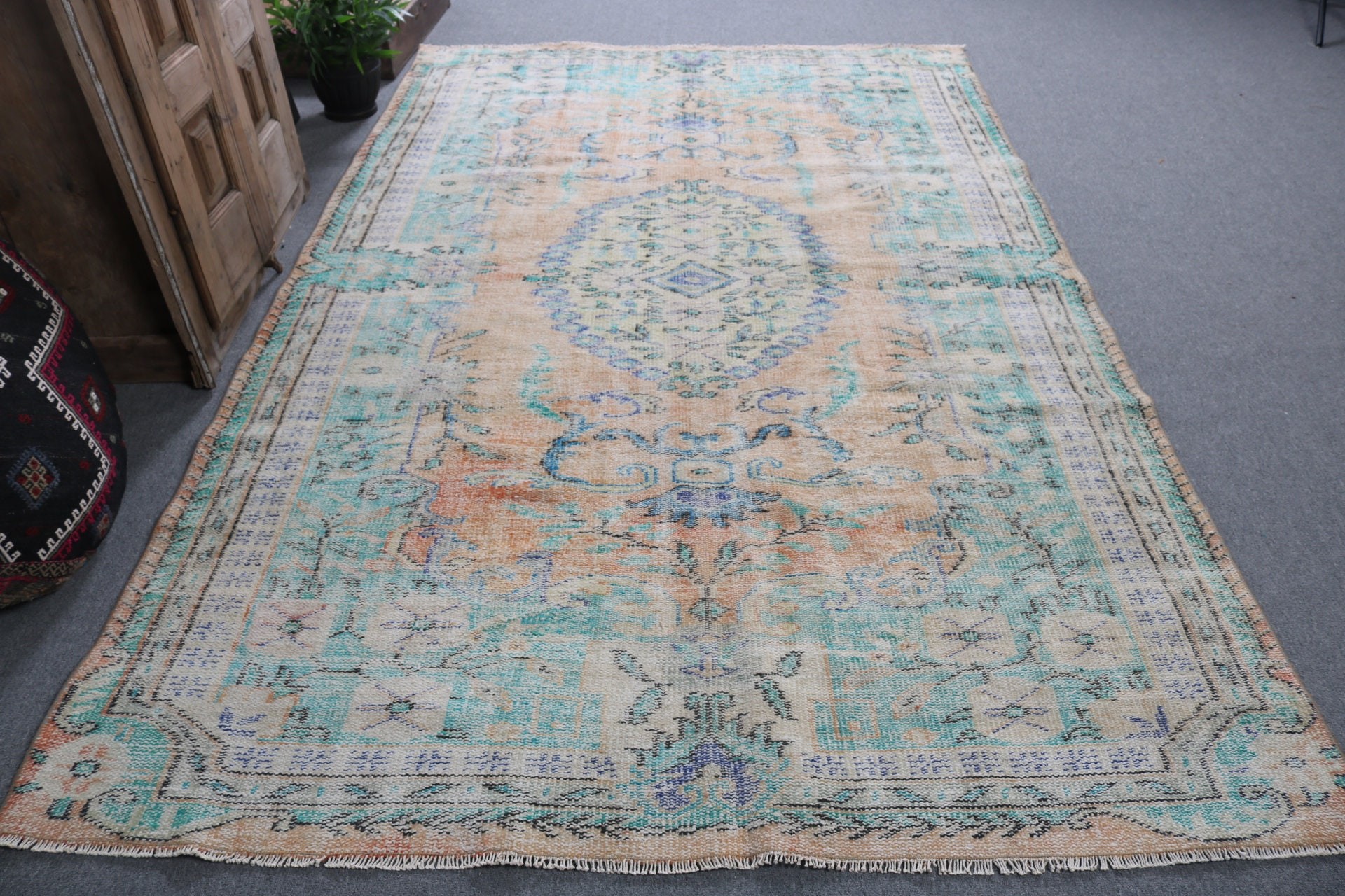 El Dokuma Halı, Anadolu Halısı, Turuncu Fas Halısı, Vintage Halı, Aztek Halısı, Türk Halısı, Salon Halıları, 6.1x9.4 ft Büyük Halılar, Büyük Oushak Halısı