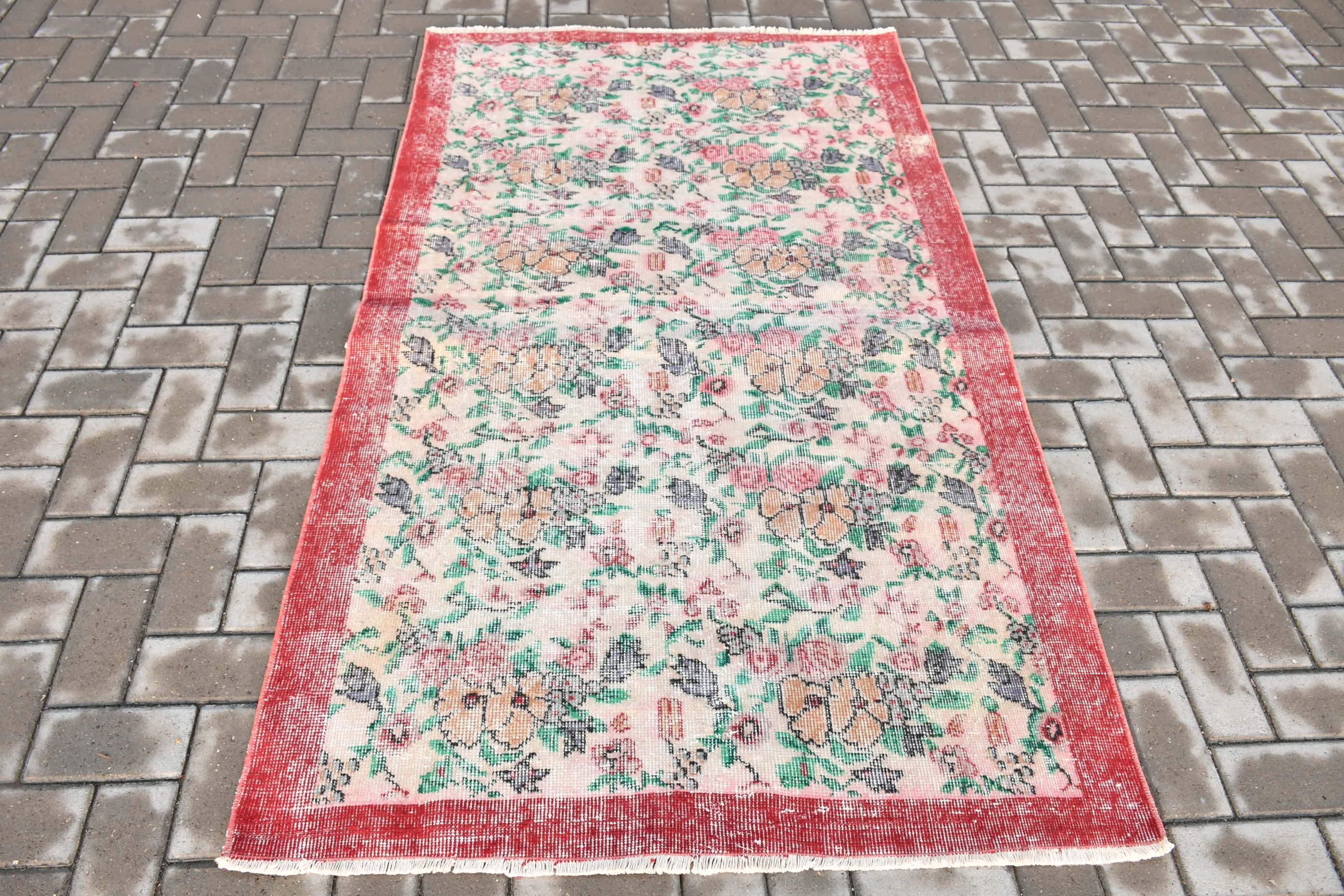 Vintage Rug, Kitchen Rug, Oriental Rug, Turkish Rug, Entry Rug, Red Moroccan Rugs, Rugs for Kitchen, 3.7x6.4 ft Accent Rug