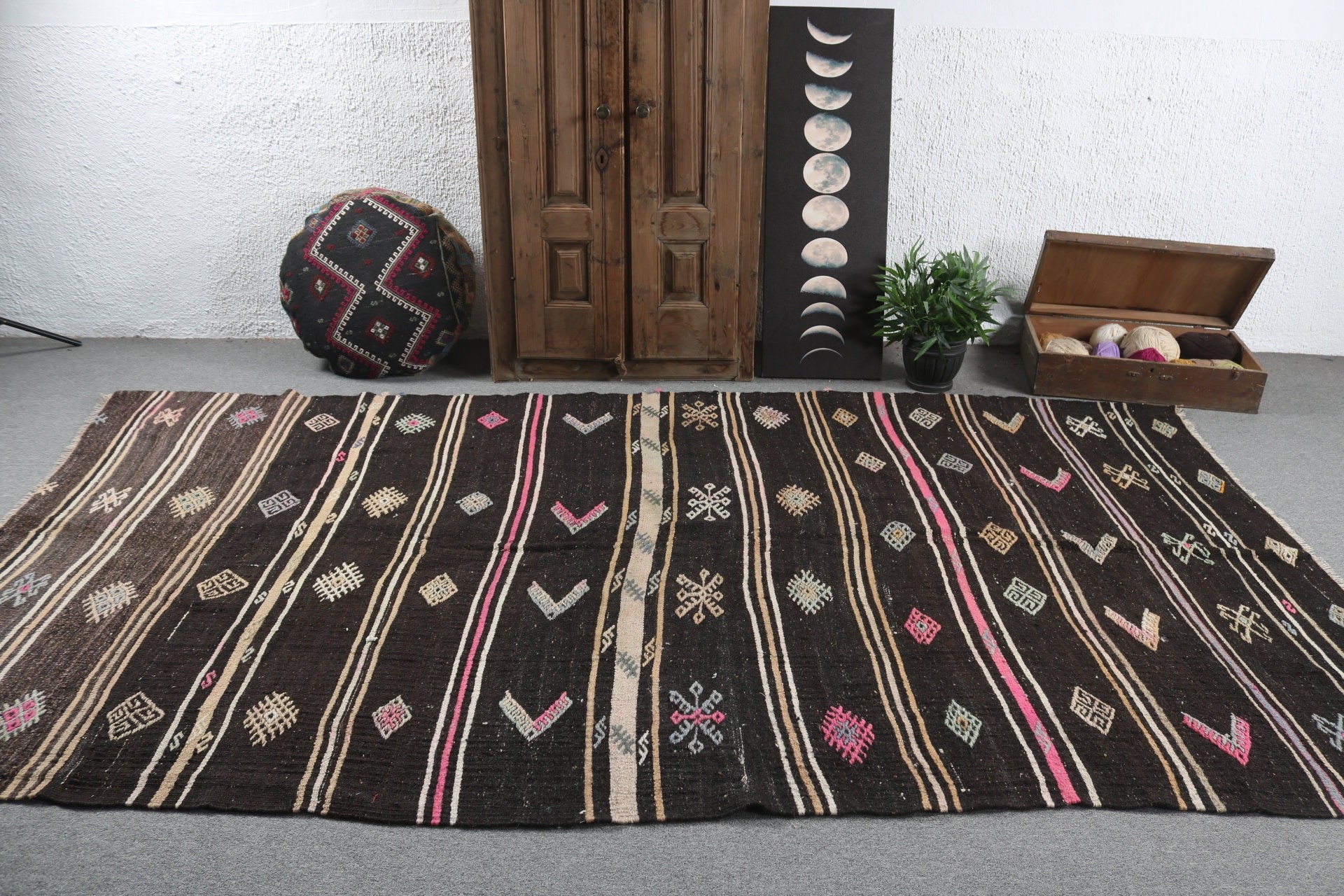 Siyah Fas Halıları, Büyük Boho Halısı, Lüks Halı, Türk Halıları, 5.9x10.8 ft Büyük Halı, Oryantal Halılar, Vintage Halı, Oturma Odası Halısı, Kilim