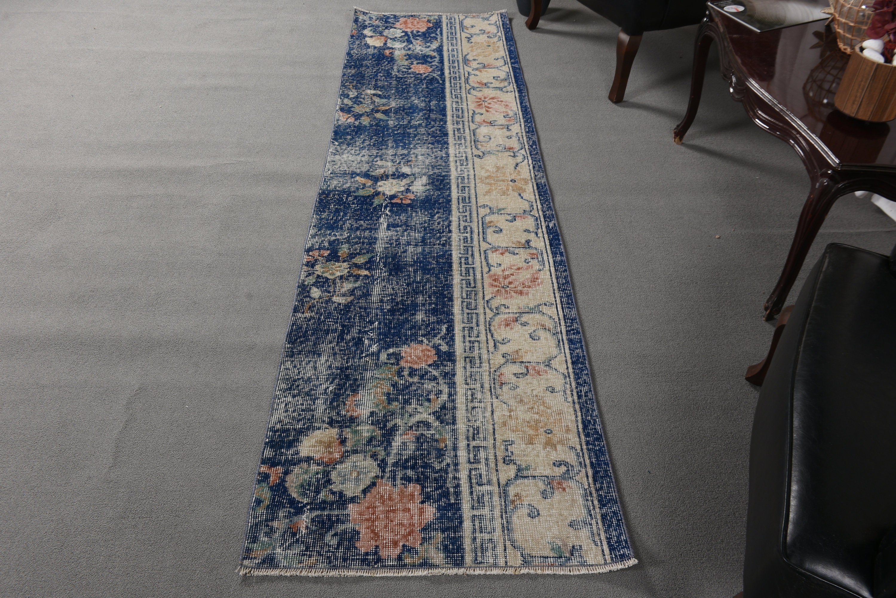 Long Runner Rugs, Turkish Rug, Blue Bedroom Rugs, 2.3x7.9 ft Runner Rugs, Oushak Rug, Aesthetic Rugs, Stair Rug, Vintage Rug