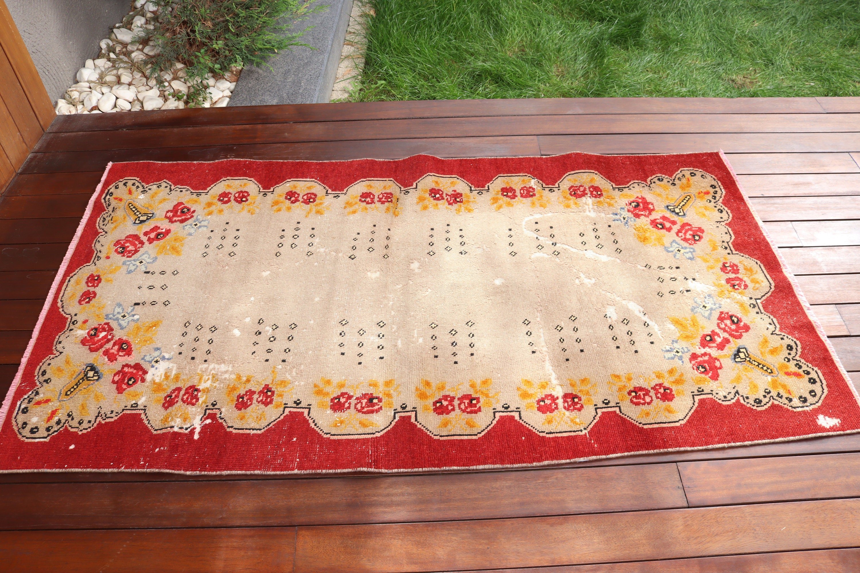 Türk Halısı, Antika Halı, Vintage Halılar, 3x5.6 ft Vurgulu Halılar, Dekoratif Halılar, Yatak Odası Halısı, Bej Nötr Halılar, Fas Halıları