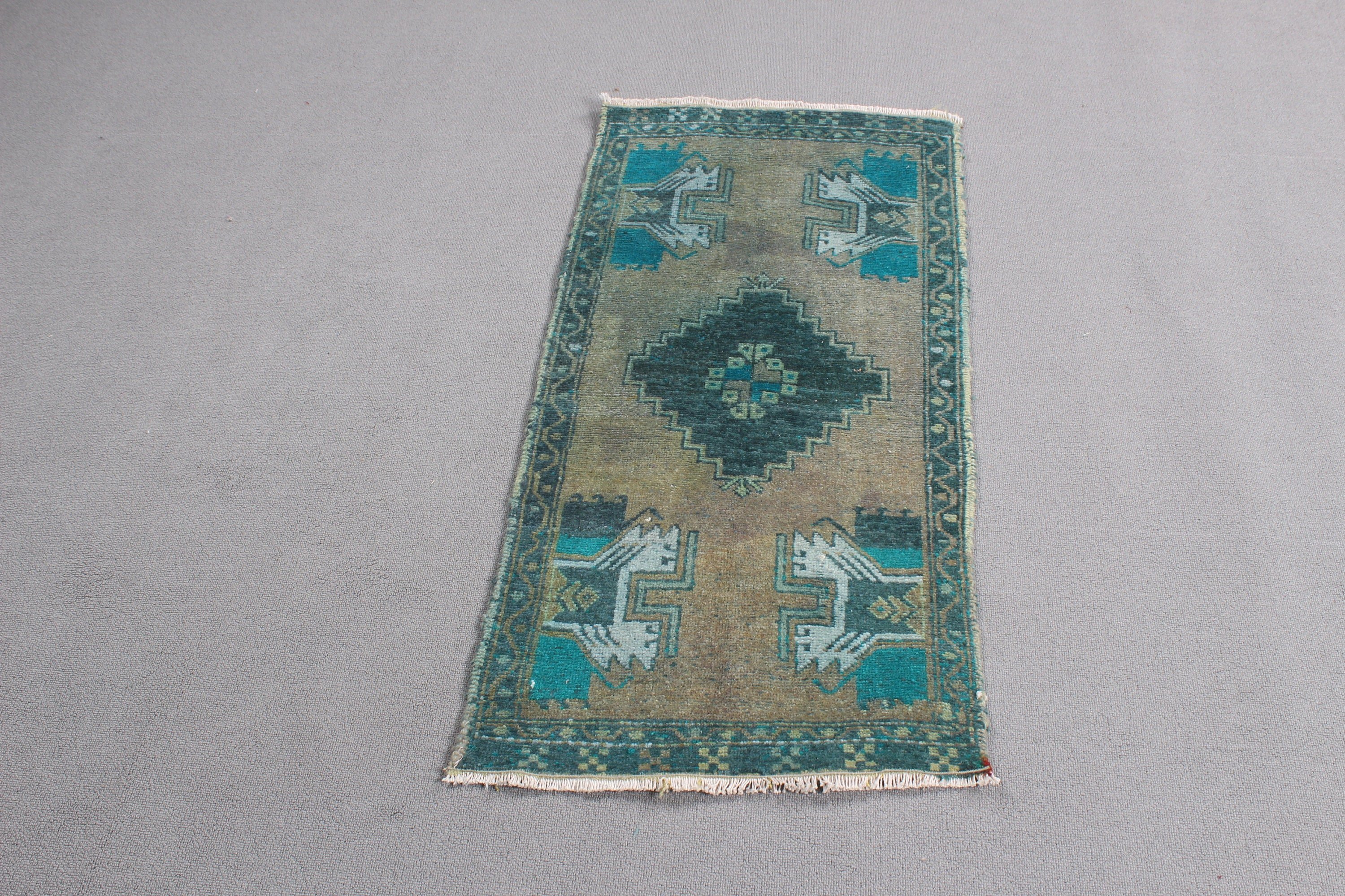 Turkish Rugs, Vintage Rug, Oushak Rug, Car Mat Rugs, Green Anatolian Rug, Aesthetic Rug, Small Boho Rug, 1.7x3.5 ft Small Rug, Bedroom Rugs