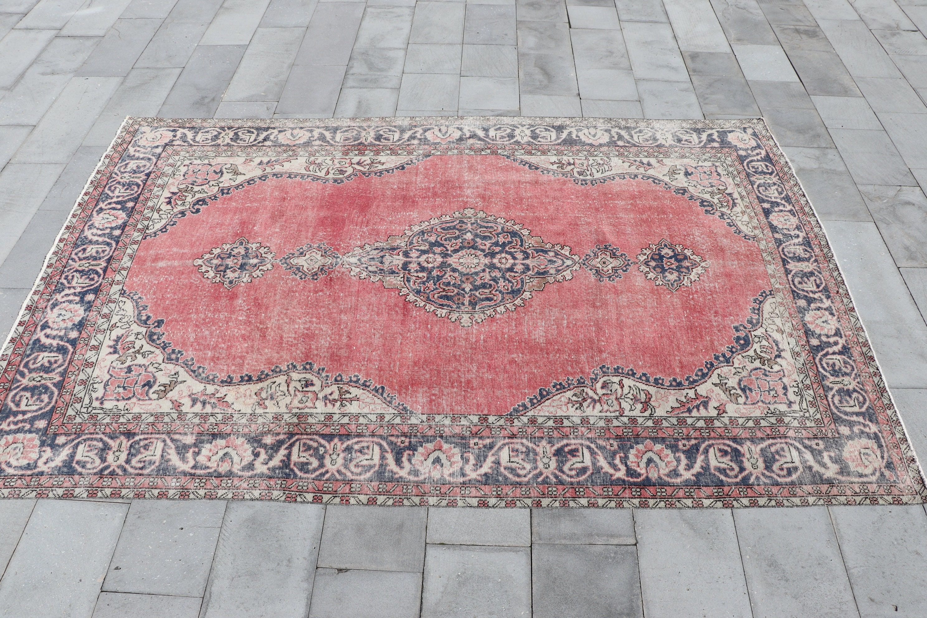 Oushak Rugs, Turkish Rug, Saloon Rugs, Red  6.9x10.3 ft Oversize Rugs, Pastel Rugs, Vintage Rugs, Salon Rug, Wool Rugs