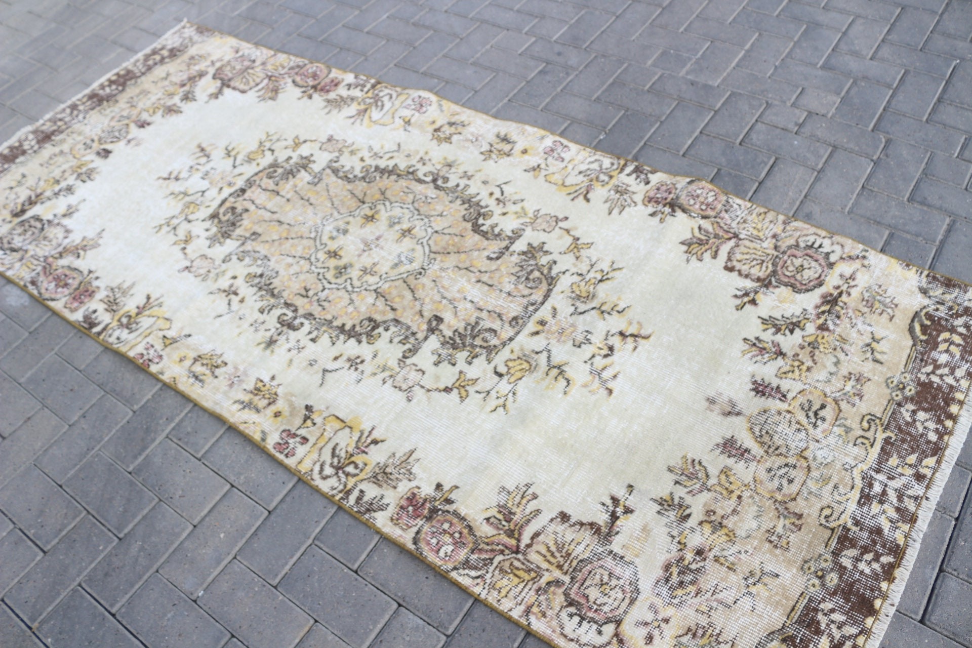 Vintage Rug, Antique Rug, Boho Rug, Beige Wool Rug, 3.4x8.1 ft Area Rug, Turkish Rugs, Floor Rug, Rugs for Area, Kitchen Rug