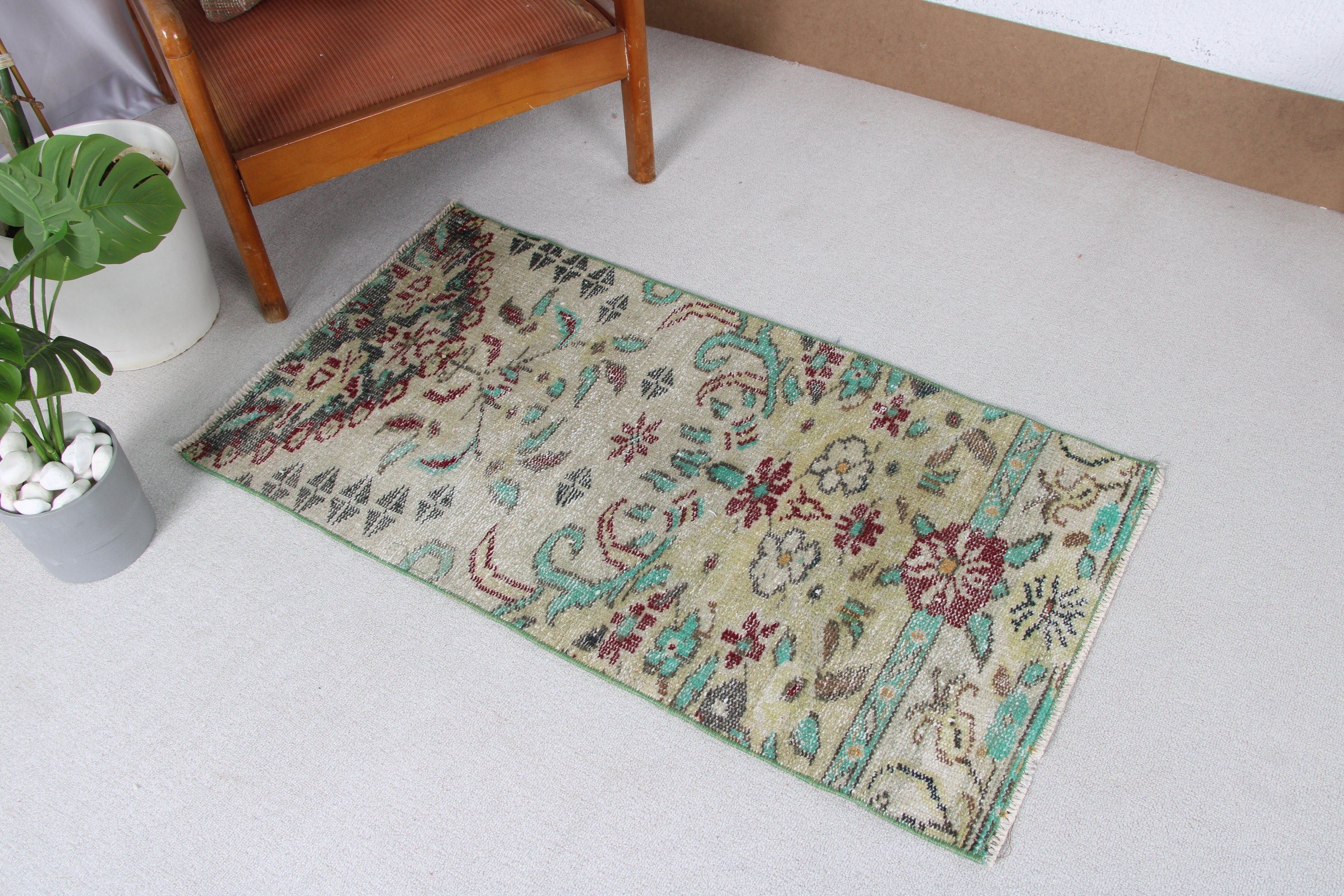 Rugs for Entry, Vintage Rug, Green  2x3.8 ft Small Rug, Bedroom Rugs, Turkish Rugs, Oriental Rug, Entry Rugs, Anatolian Rug