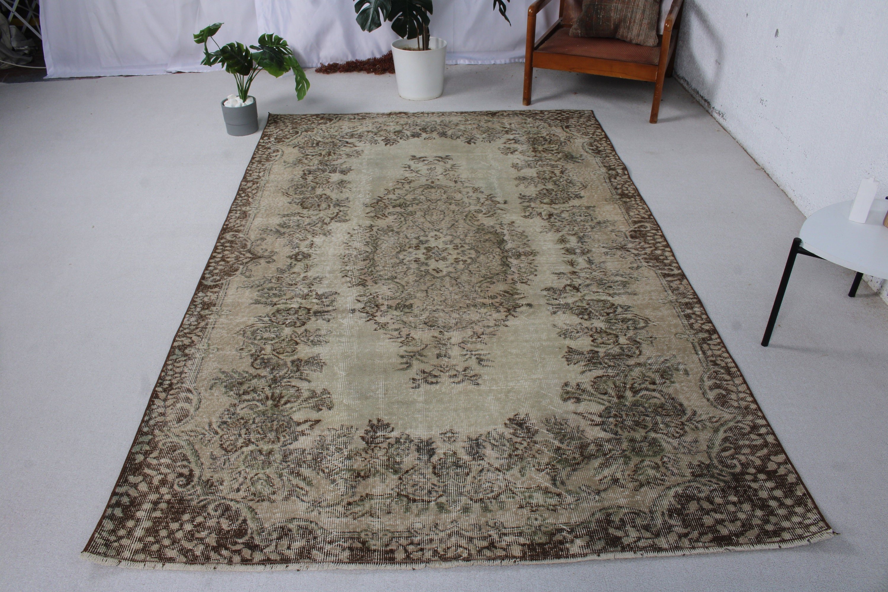 Oushak Halı, Vintage Halılar, Türk Halısı, Salon Halıları, Kahverengi 5.3x8.3 ft Büyük Halı, El Dokuma Halılar, Büyük Oushak Halısı, Havalı Halı