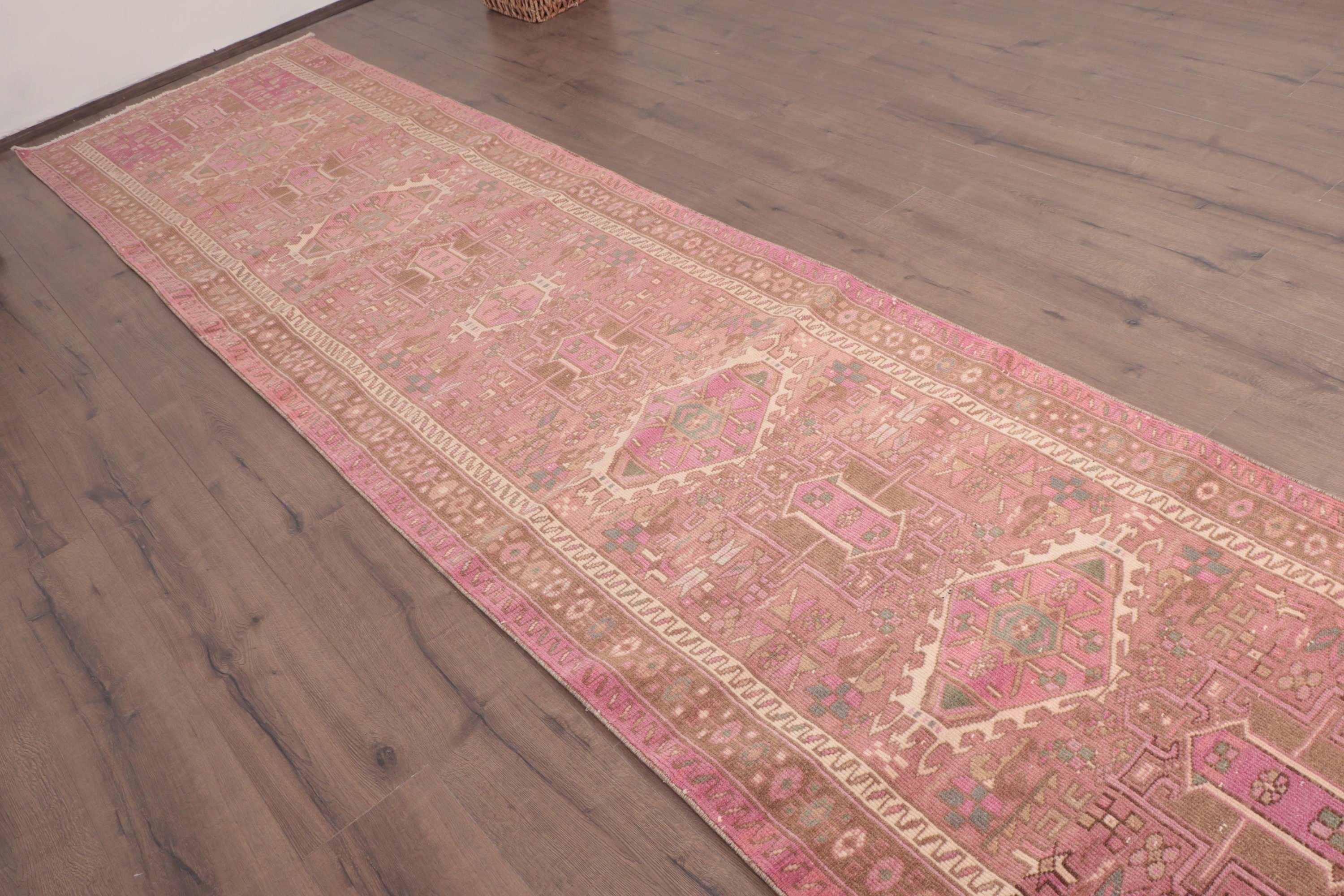 Turkish Rugs, Vintage Rug, Kitchen Rugs, Luxury Rugs, Rugs for Corridor, Aztec Rug, Pink Wool Rugs, Hallway Rug, 3.2x12.5 ft Runner Rug