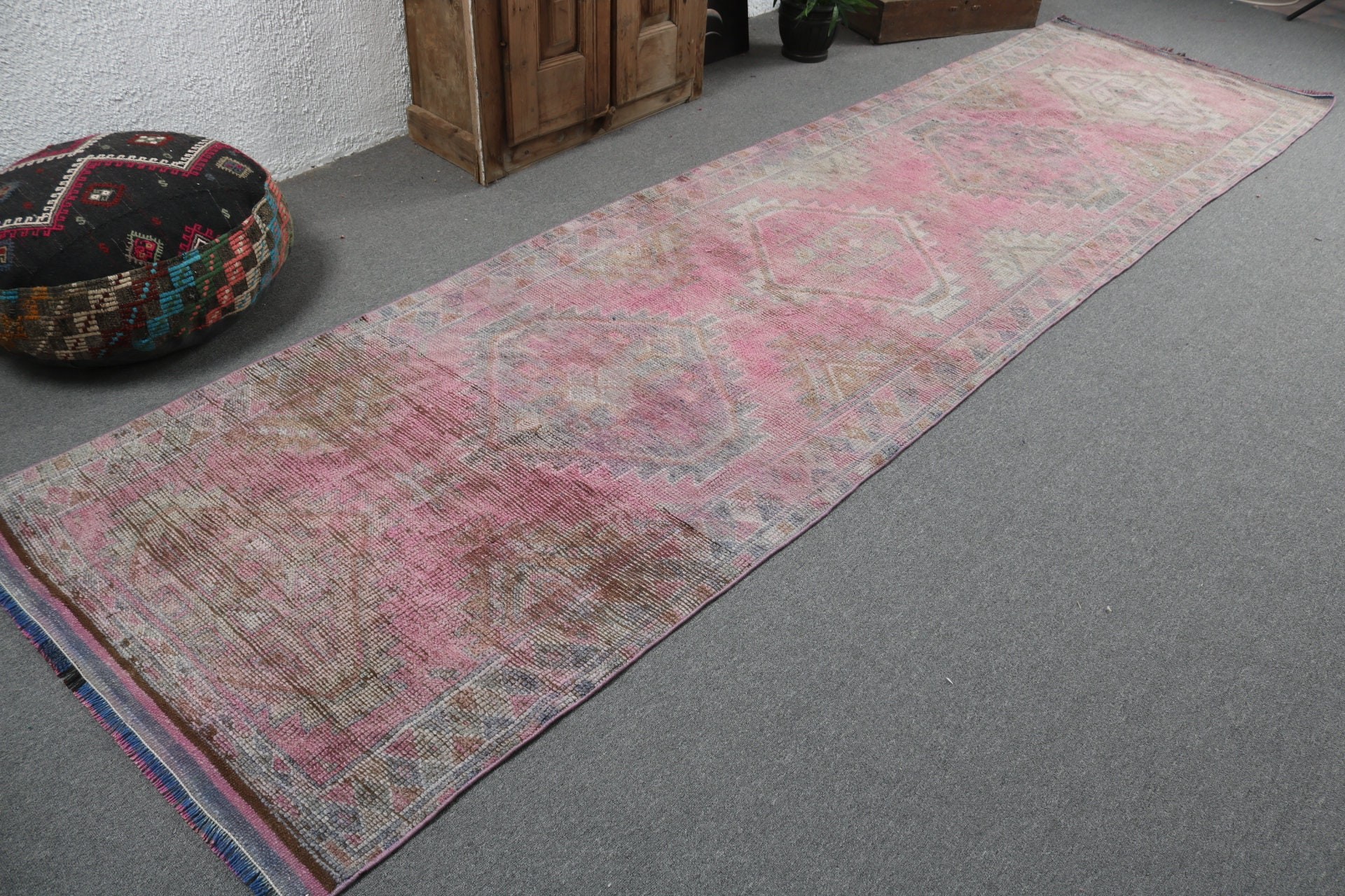 Pink Statement Rug, Flatweave Rugs, Home Decor Rugs, Beni Ourain Runner Rug, Kitchen Rug, Turkish Rugs, 3.4x13 ft Runner Rug, Vintage Rugs