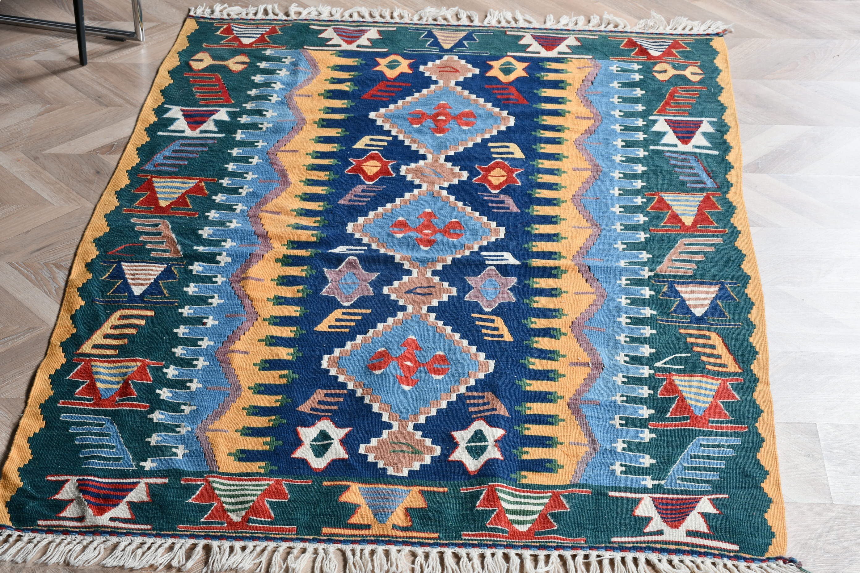 Türk Halısı, Vintage Halı, 3,7x5,5 ft Aksan Halısı, Kilim, Yeşil Oushak Halısı, Mutfak Halıları, Soluk Halı, Giriş Halısı, Fas Halısı