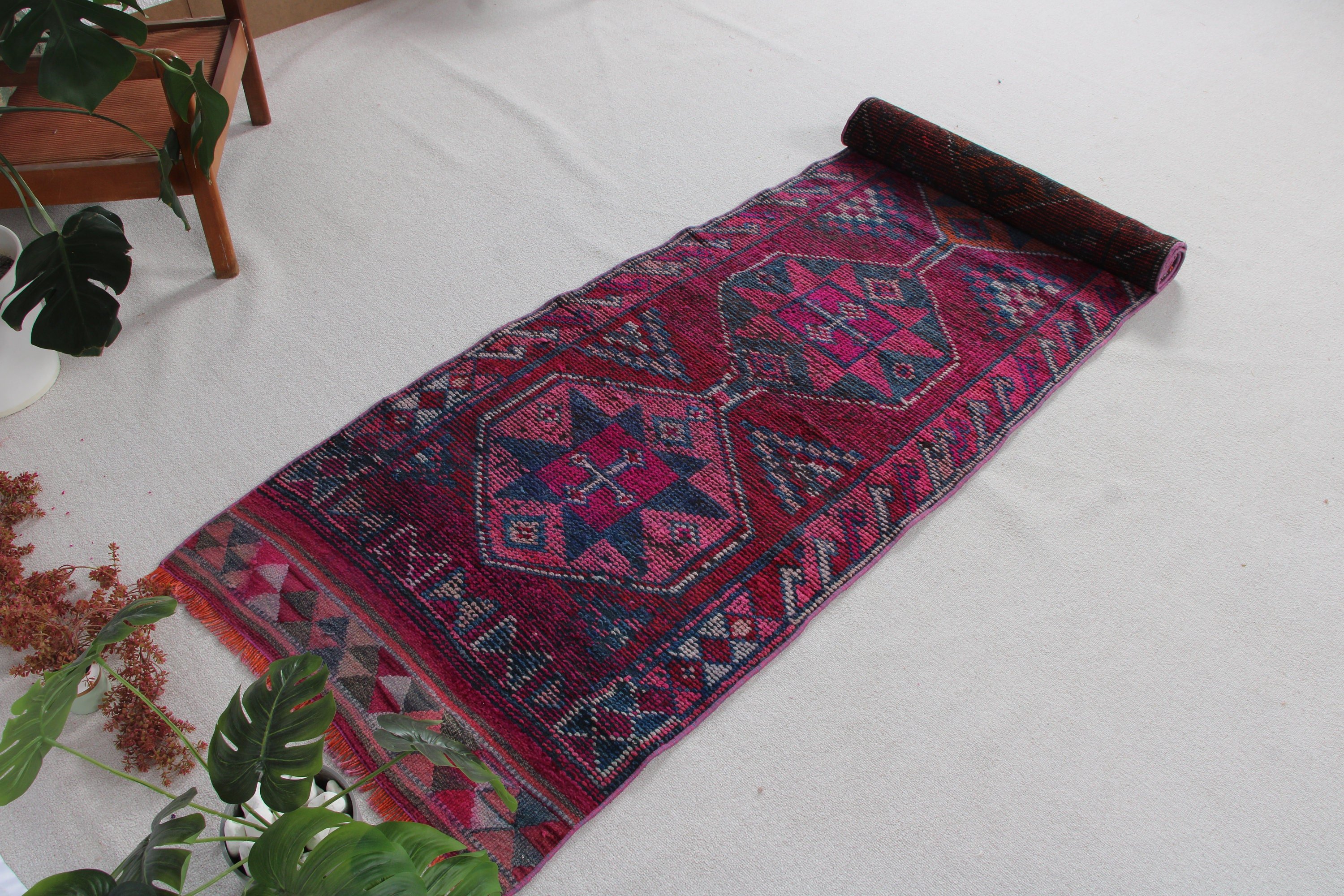 Wool Rug, Geometric Rugs, Purple Home Decor Rug, 2.8x10.5 ft Runner Rugs, Kitchen Rugs, Corridor Rugs, Vintage Rugs, Turkish Rugs