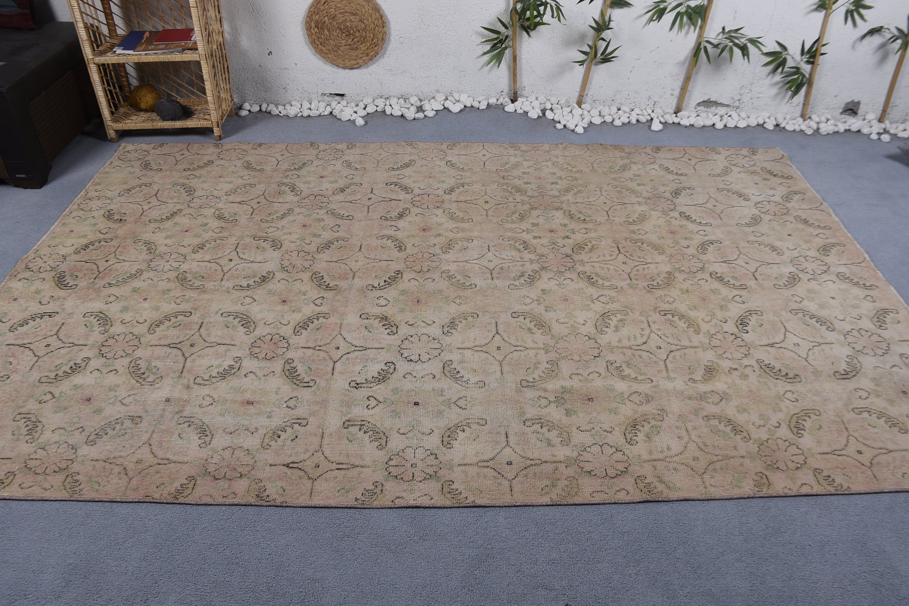 Bej Ev Dekorasyonu Halıları, Salon Halıları, Türk Halısı, Mutfak Halıları, Vintage Halı, Pastel Halılar, 6.1x9.5 ft Büyük Halı, Yemek Odası Halısı, Fas Halısı