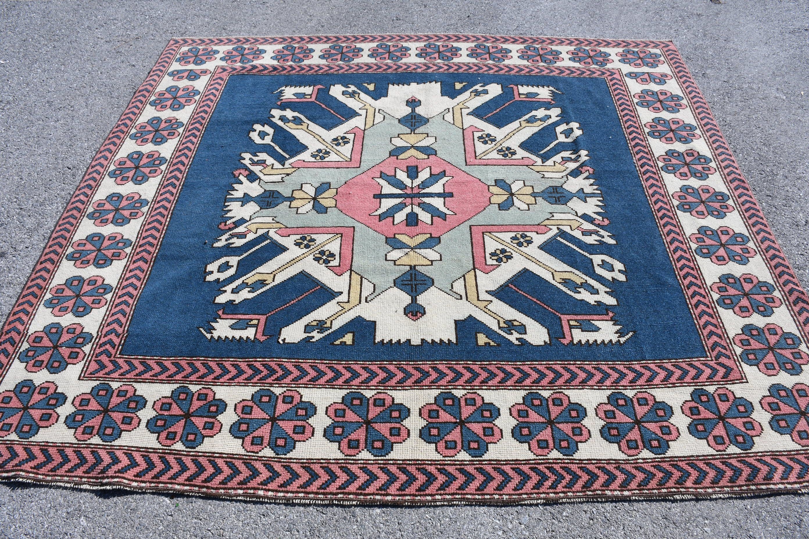 Moroccan Rug, Outdoor Rug, Living Room Rugs, Vintage Rug, Turkish Rug, Dining Room Rug, 7x6.6 ft Large Rugs, Antique Rugs, Blue Oushak Rug