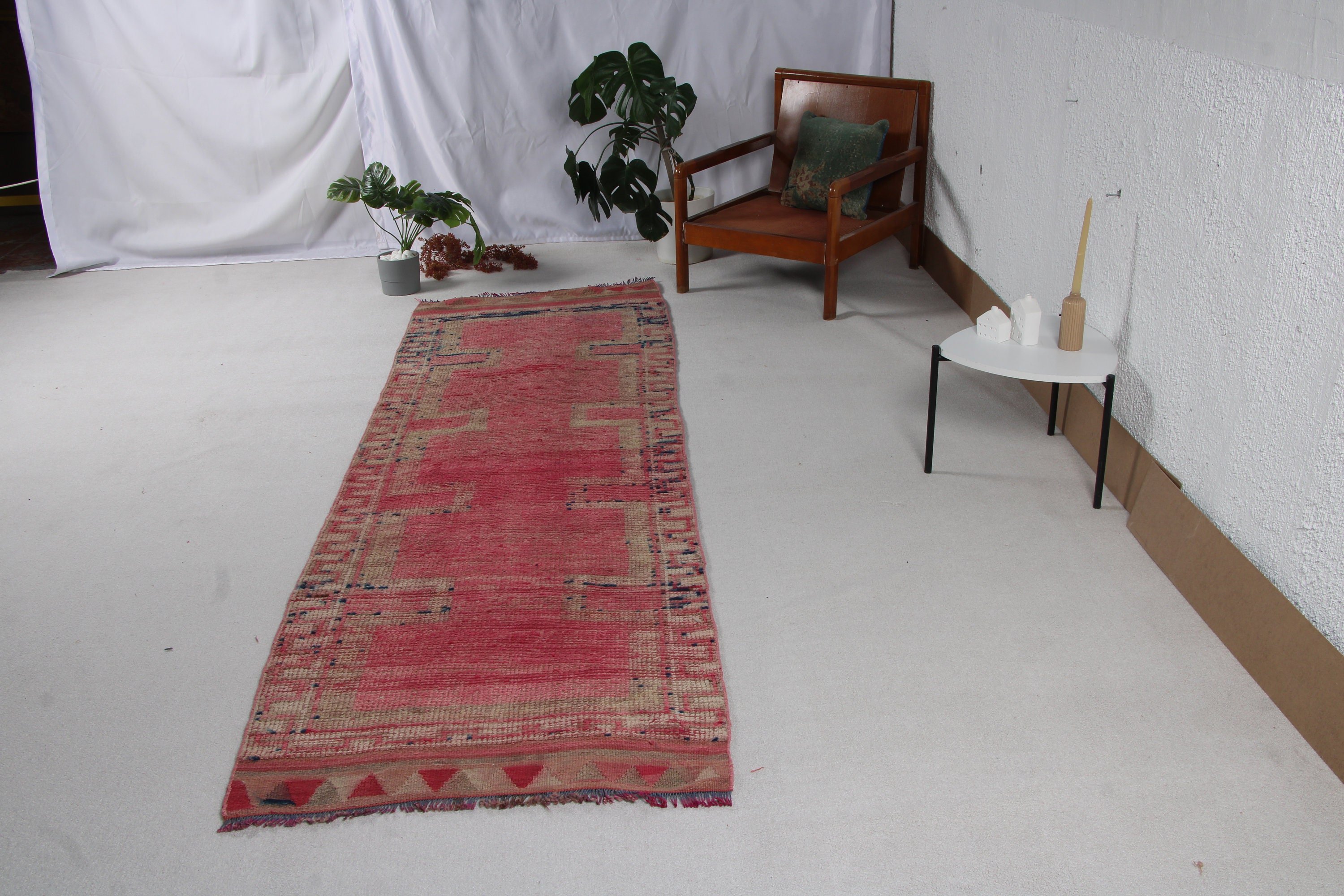 Türk Halıları, Vintage Halı, Pembe Antika Halı, Vintage Runner Halıları, Geometrik Halı, Koridor Halısı, 3.1x9.5 ft Runner Halısı