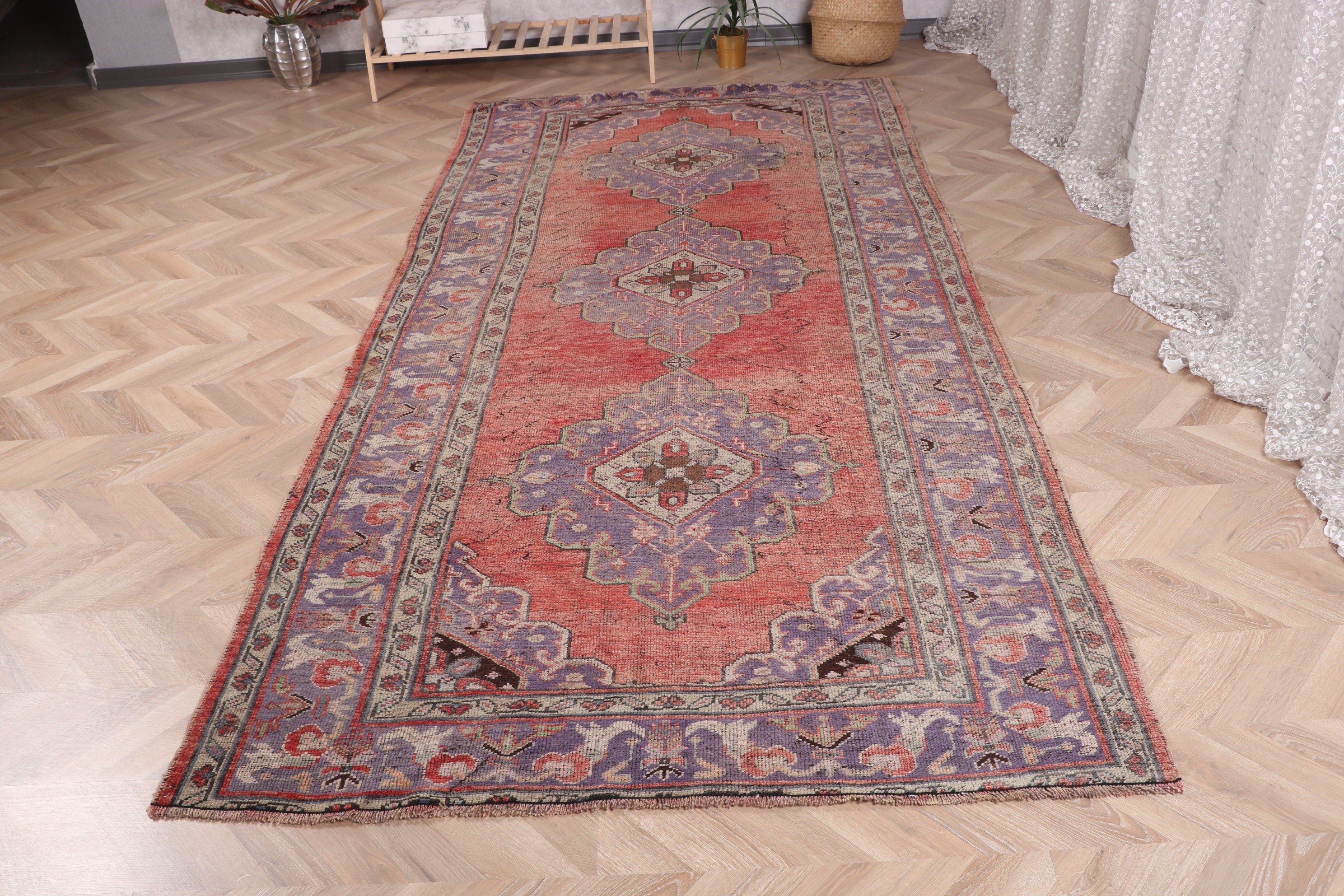 Vintage Halılar, Ev Dekorasyonu Halıları, Büyük Oushak Halıları, Geometrik Halılar, 4.7x10.2 ft Büyük Halı, Türk Halıları, Kahverengi Geometrik Halılar, Organik Halılar