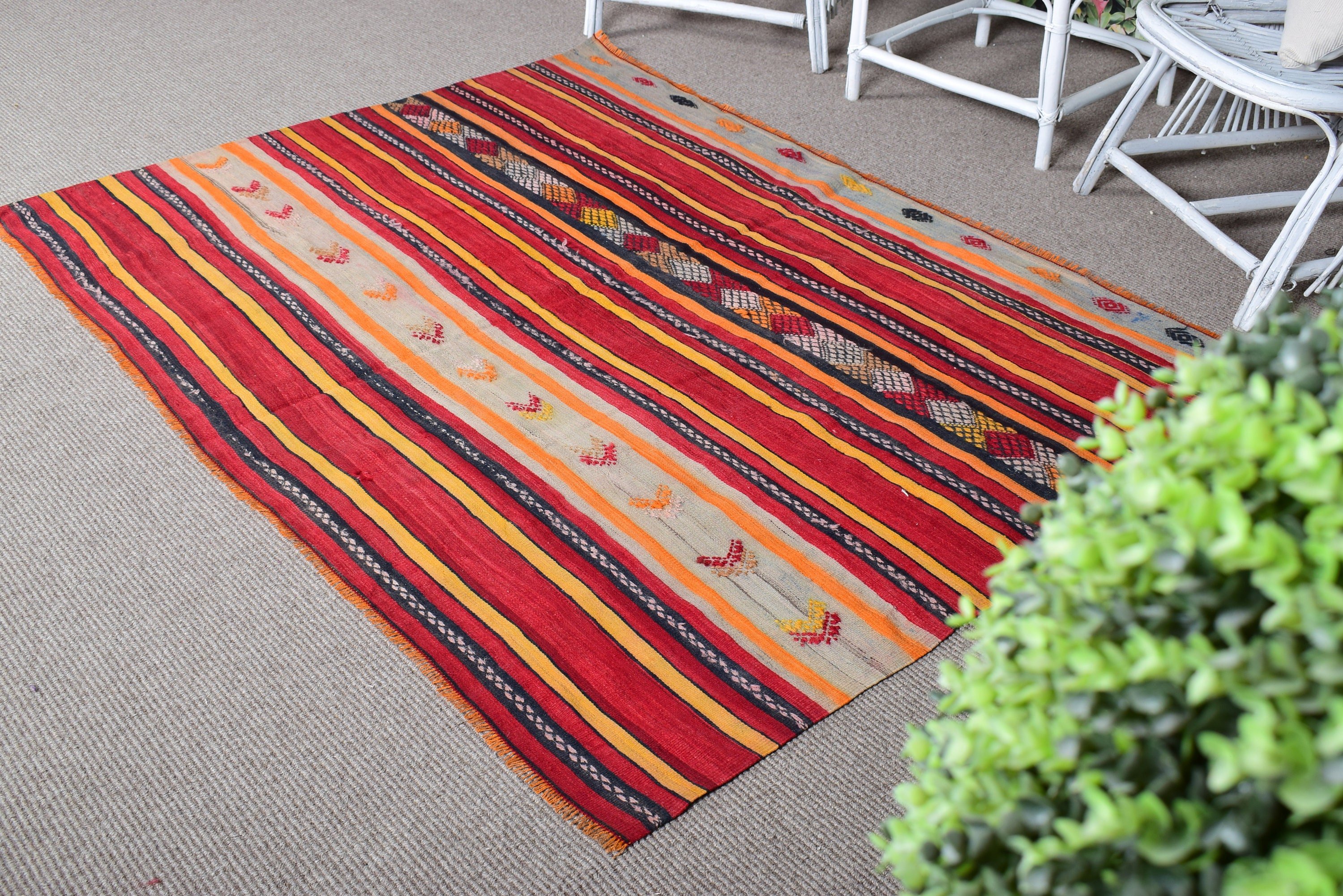 Düz Dokuma Halılar, Kırmızı Geometrik Halılar, Kilim, Yemek Odası Halıları, Vintage Halı, 4.4x6 ft Alan Halısı, Oturma Odası Halısı, Türk Halısı, Mutfak Halıları