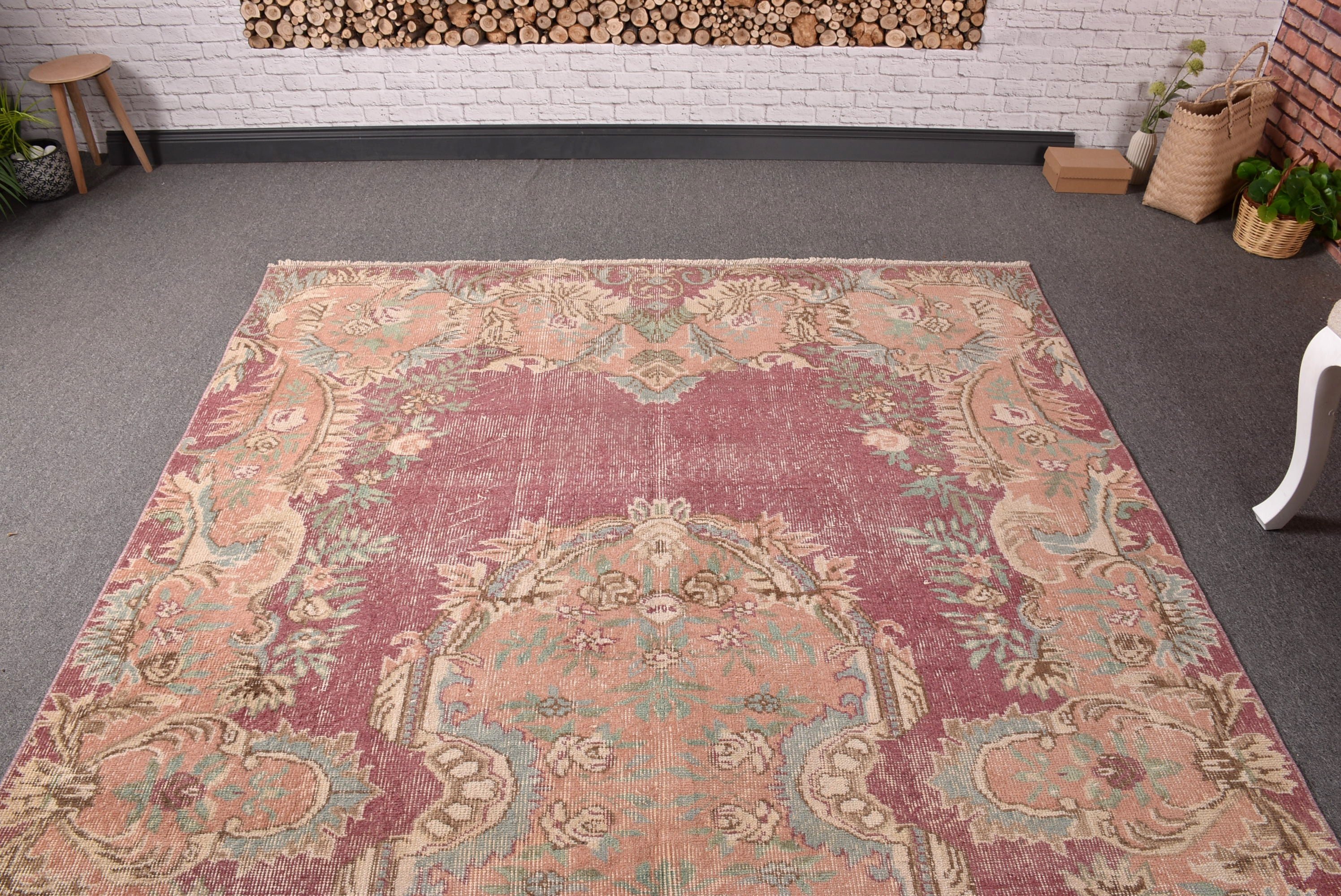 Vintage Halılar, Yemek Odası Halısı, 5.9x9.5 ft Büyük Halı, Türk Halıları, Büyük Oushak Halısı, Pembe Oushak Halıları, Geometrik Halı, Fas Halısı