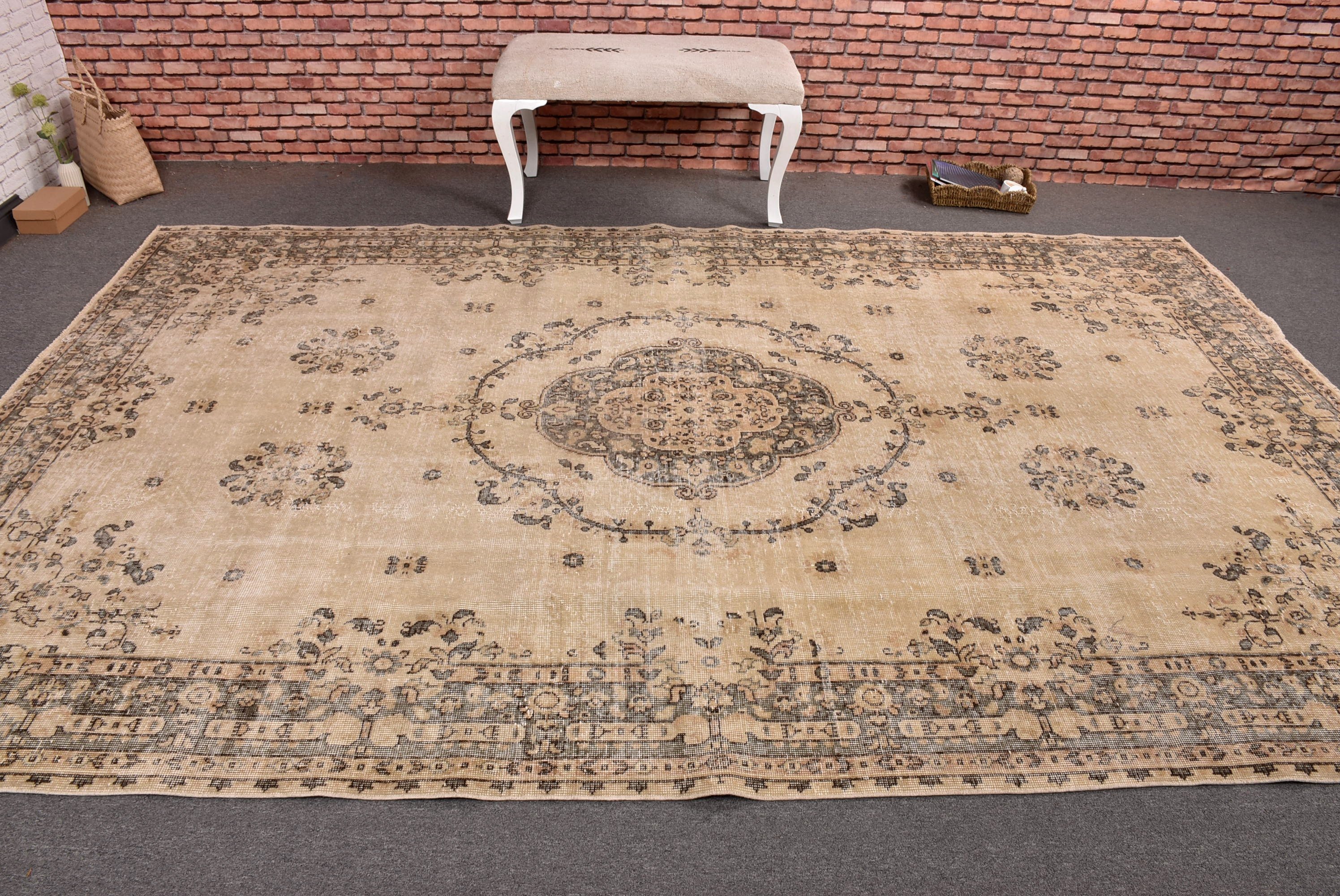 7x10.7 ft Oversize Rugs, Living Room Rug, Oversize Turkish Rugs, Moroccan Rug, Beige Wool Rug, Geometric Rugs, Vintage Rug, Turkish Rugs