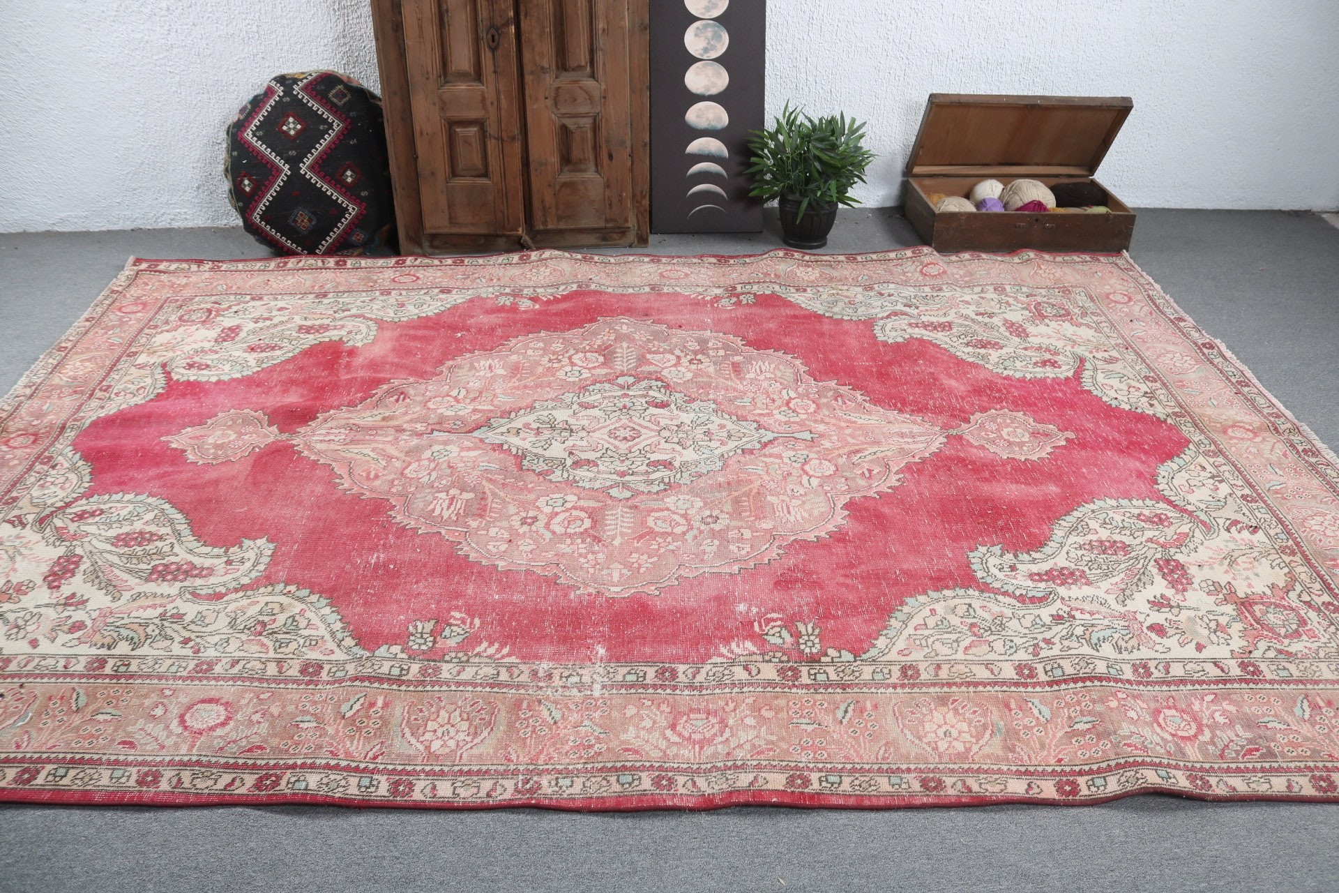 Fas Halıları, Kırmızı Mutfak Halısı, Oturma Odası Halıları, Türk Halısı, 7.7x11.1 ft Büyük Boy Halı, Vintage Halılar, El Dokuma Halı, Yemek Odası Halıları