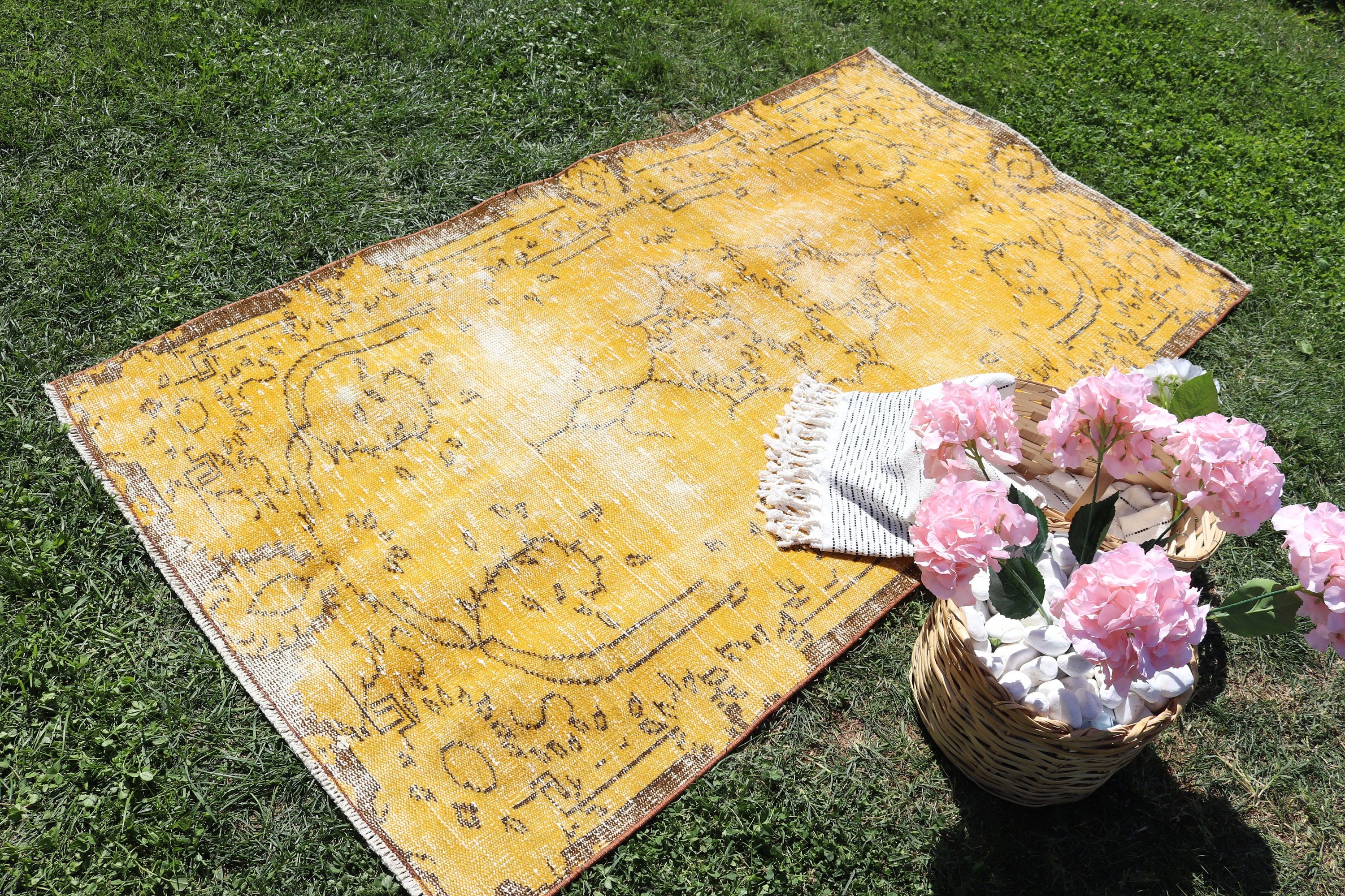 Yellow Floor Rug, Aztec Rugs, Turkish Rug, 3.5x6.6 ft Accent Rug, Luxury Rugs, Vintage Rug, Vintage Accent Rug, Geometric Rugs, Kitchen Rug