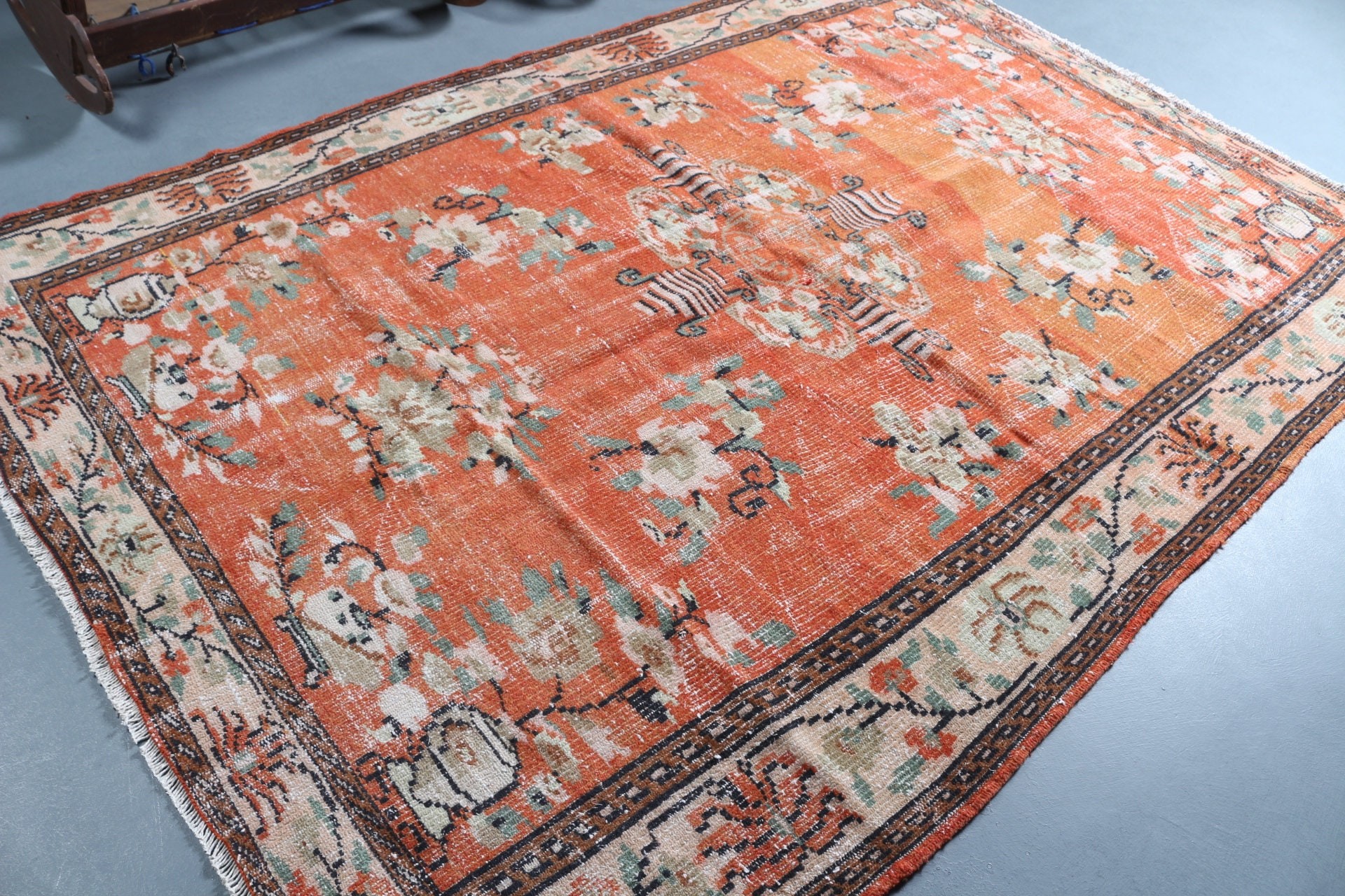 Turuncu Mutfak Halısı, Vintage Halılar, Yemek Odası Halısı, Yer Halıları, El Yapımı Halı, 6.1x9 ft Büyük Halı, Yün Halılar, Türk Halısı, Salon Halıları