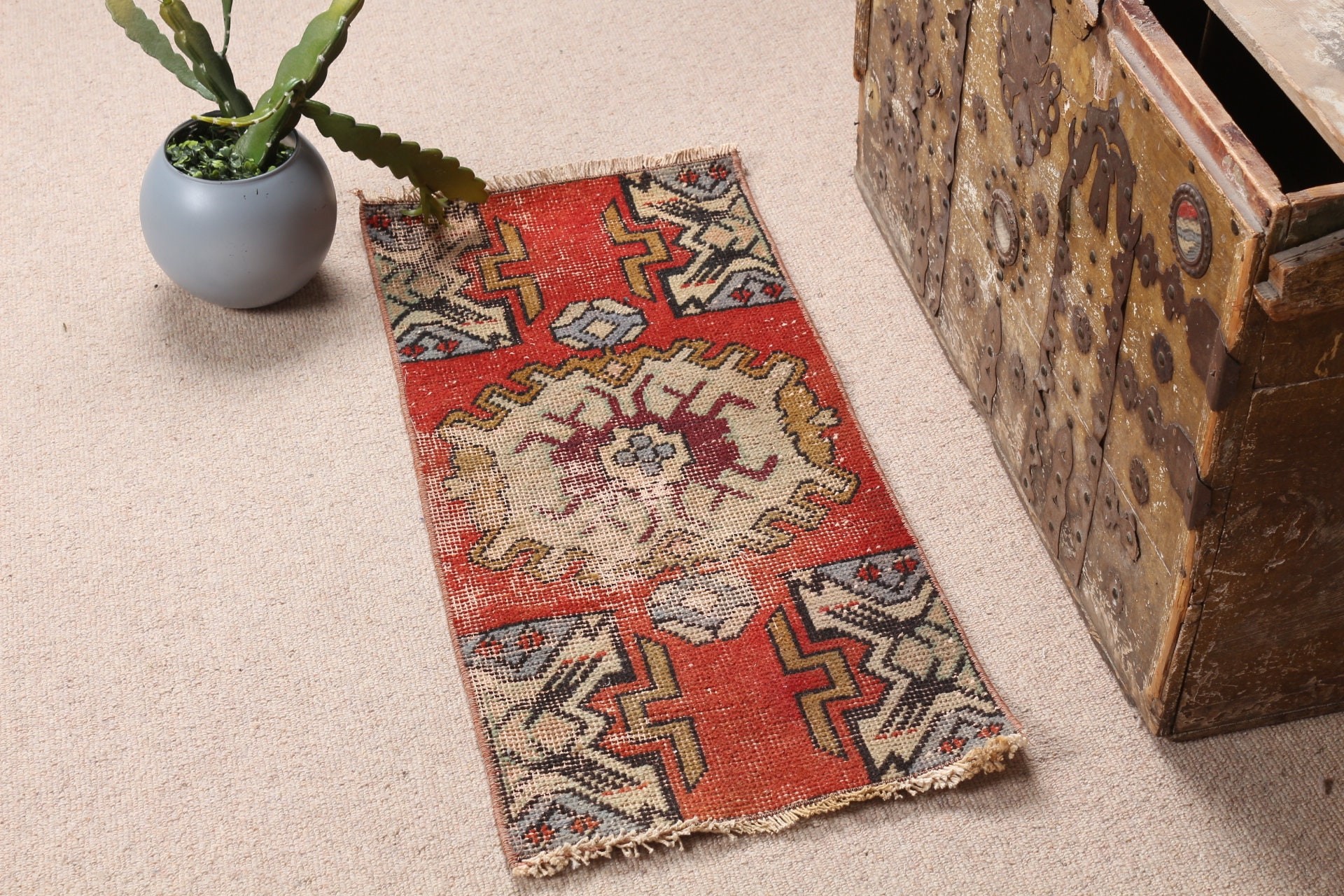 Rugs for Entry, Bathroom Rugs, Kitchen Rugs, 1.3x2.8 ft Small Rug, Turkish Rugs, Vintage Rugs, Cool Rugs, Red Wool Rug