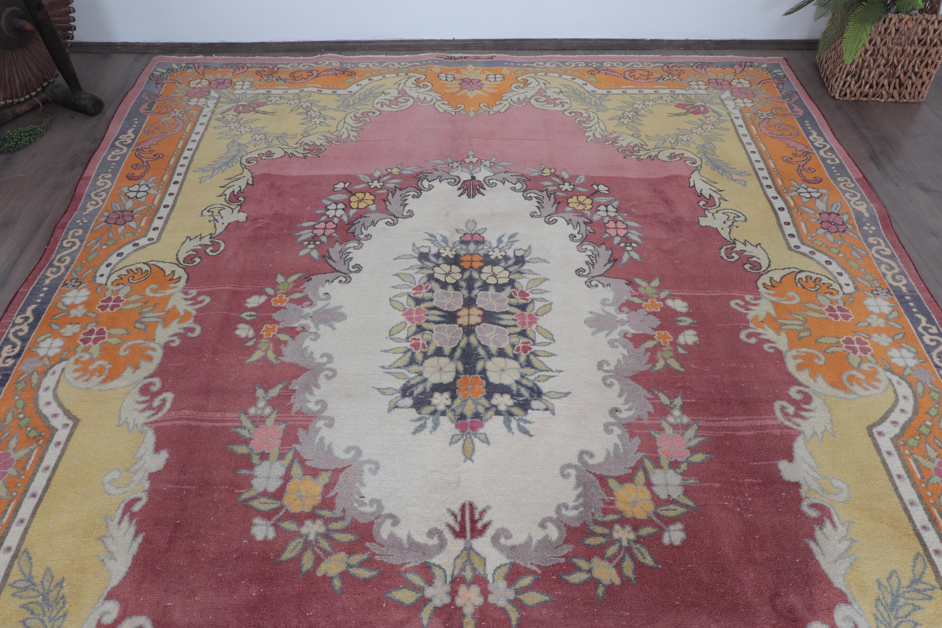 Boho Halı, Sarı Antika Halı, Nötr Halılar, Büyük Boy Türk Halısı, 7.3x9.7 ft Büyük Boy Halılar, Türk Halıları, Vintage Halılar, Yemek Odası Halısı