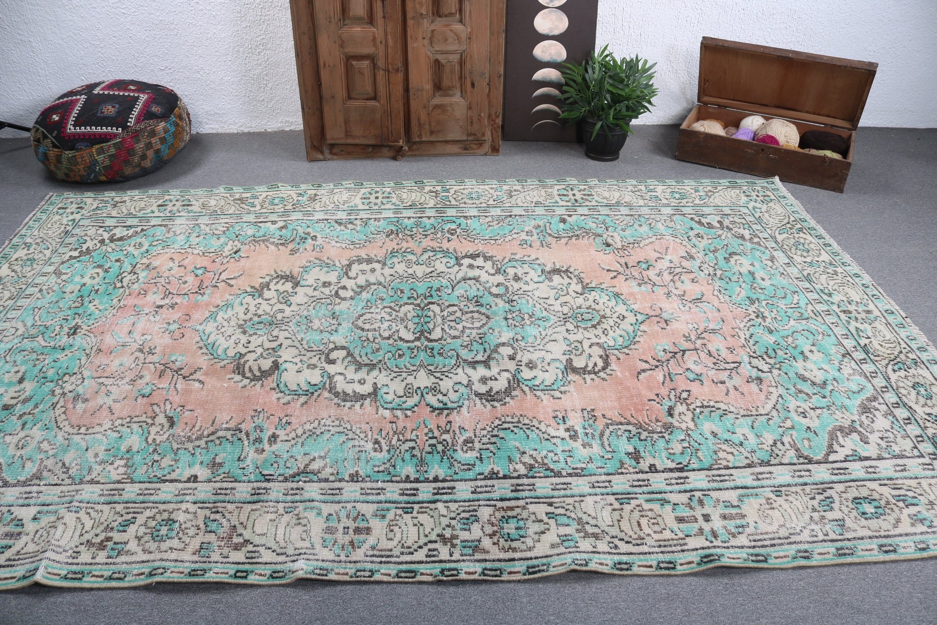 6.5x10.1 ft Büyük Halı, Türk Halıları, Ev Dekor Halısı, Büyük Oushak Halısı, Yeşil Modern Halılar, Vintage Halılar, Büyük Vintage Halılar