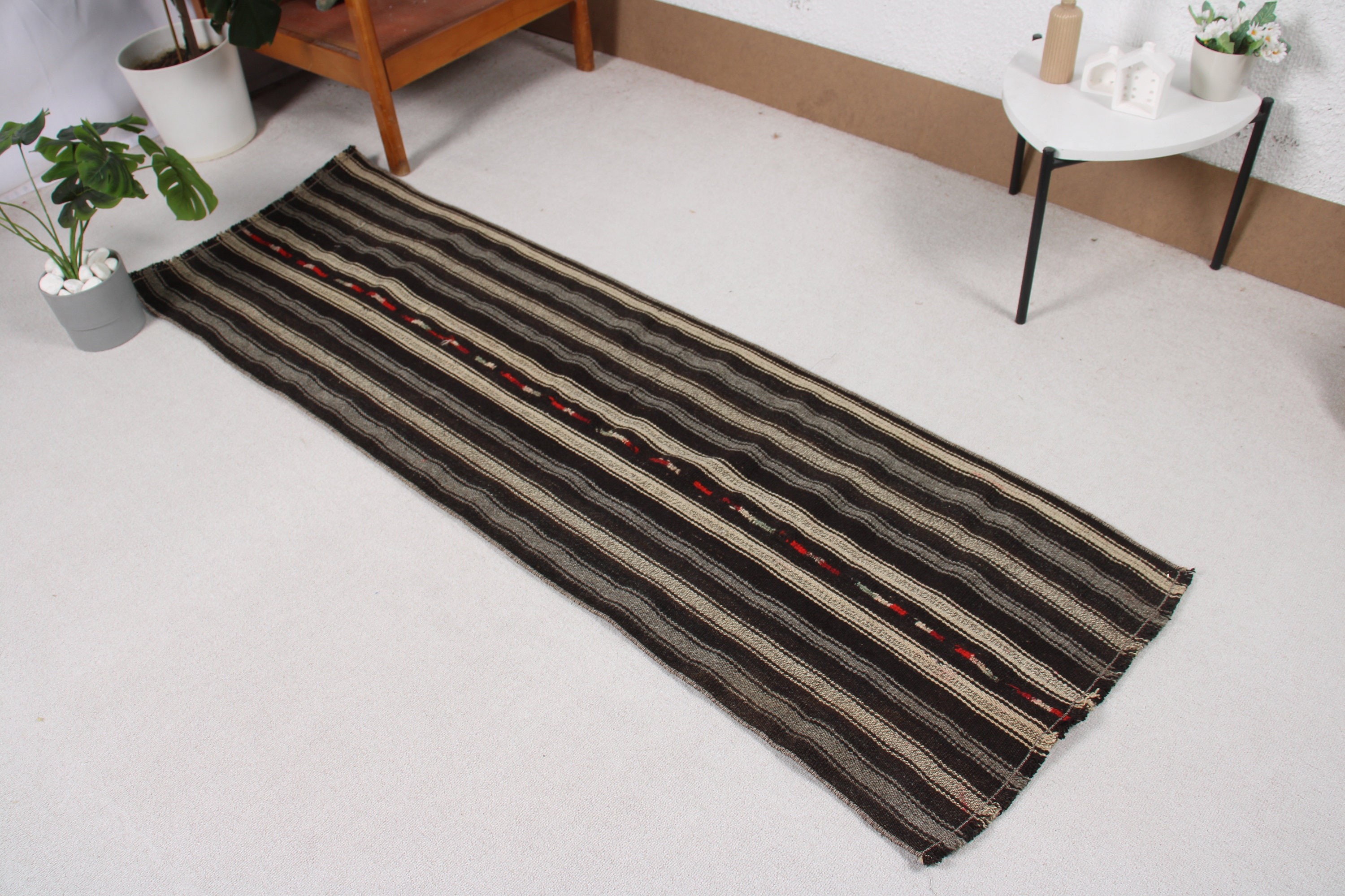 Statement Rug, Vintage Rugs, Luxury Rugs, Long Runner Rugs, 2x6.5 ft Runner Rugs, Turkish Rugs, Vintage Runner Rugs, Kilim, Black Cool Rug