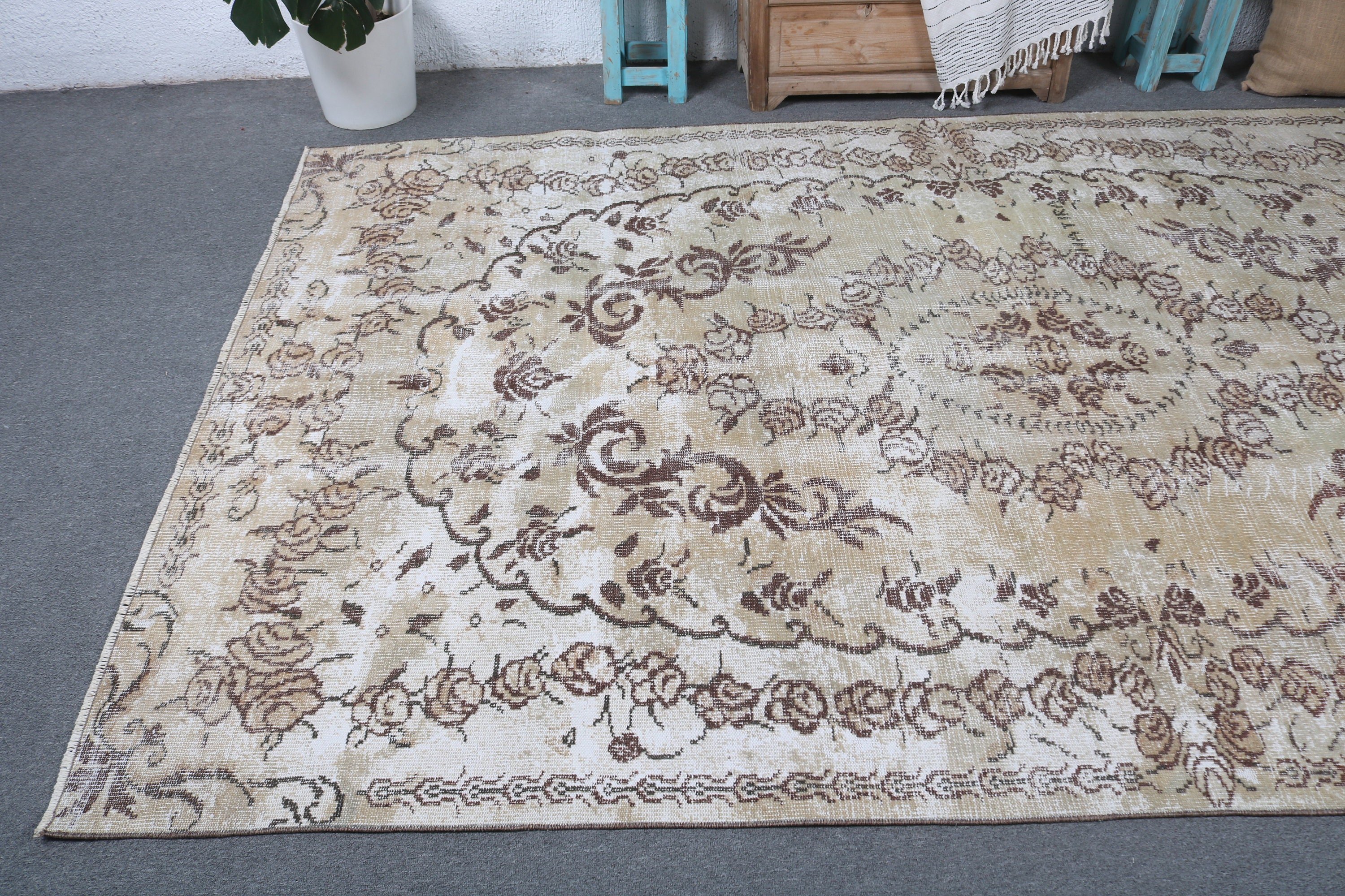 5.7x9.6 ft Büyük Halılar, Yemek Odası Halısı, El Dokuma Halı, Kahverengi Geometrik Halı, Mutfak Halısı, Vintage Halı, Salon Halısı, Türk Halısı, Oushak Halısı