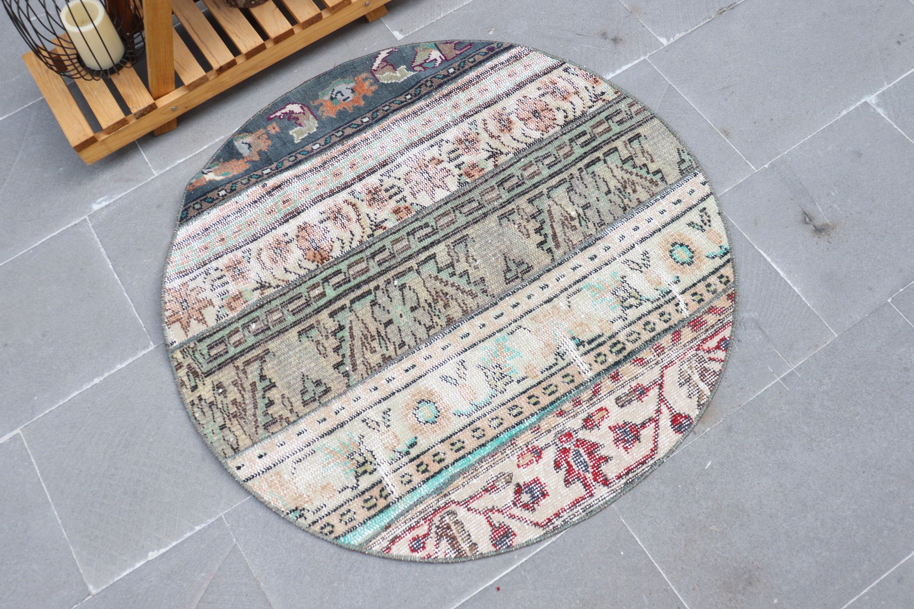 Giriş Halıları, Vintage Halı, Bej Mutfak Halısı, 3,1x3,1 ft Küçük Halı, Türk Halısı, Oushak Halısı, Soğuk Halı, Banyo Halısı, Araba Paspas Halısı