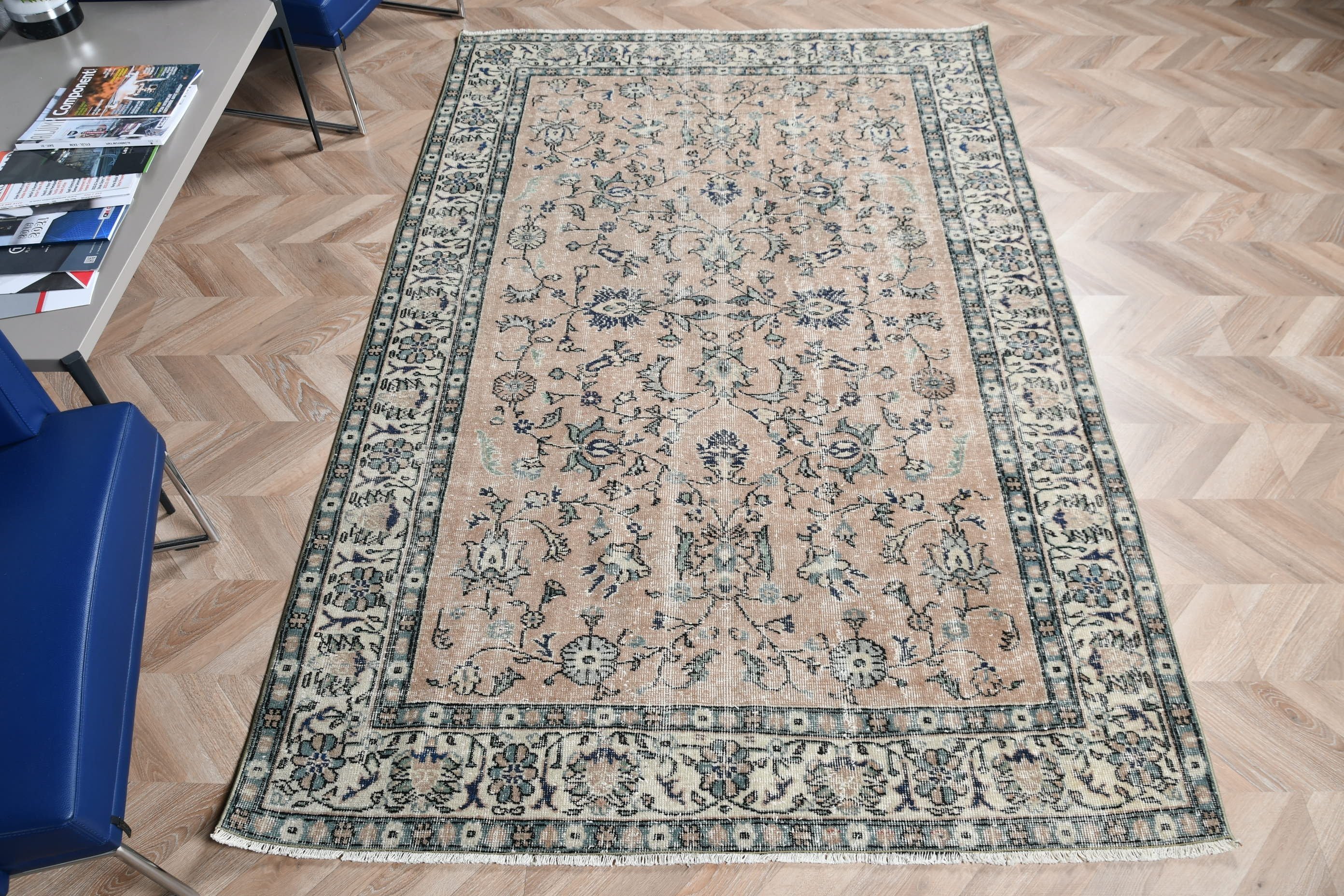 Yün Halı, Oushak Halı, Türk Halısı, Salon Halıları, Oturma Odası Halıları, Yemek Odası Halısı, Vintage Halı, 5.2x7.9 ft Büyük Halı, Turuncu Yer Halıları