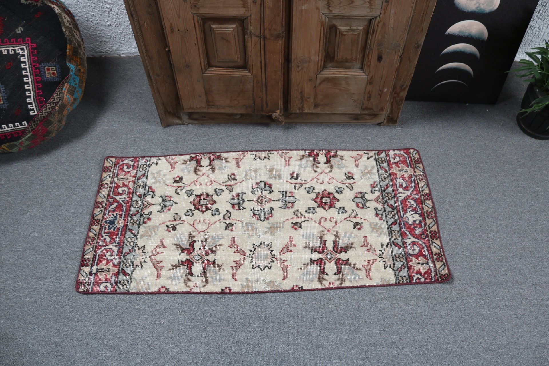 Vintage Halı, Kapı Paspas Halıları, Küçük Vintage Halılar, Fas Halısı, Türk Halısı, Ev Dekor Halıları, 1.6x3.6 ft Küçük Halılar, Bej Boho Halı