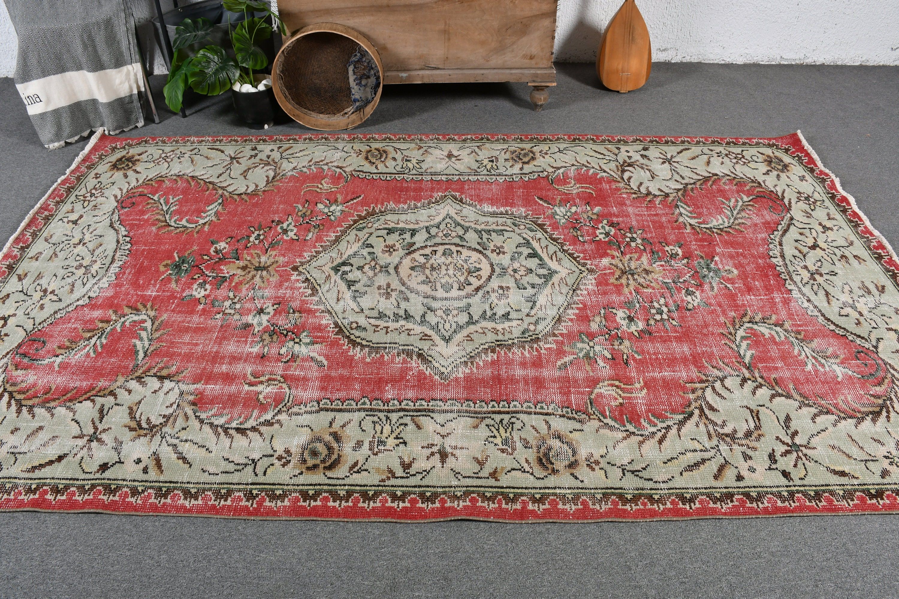 El Yapımı Halı, Yemek Odası Halıları, Türk Halısı, Salon Halısı, Kırmızı Oushak Halısı, 5.3x8.8 ft Büyük Halı, Oryantal Halı, Ev Dekorasyonu Halıları, Vintage Halı