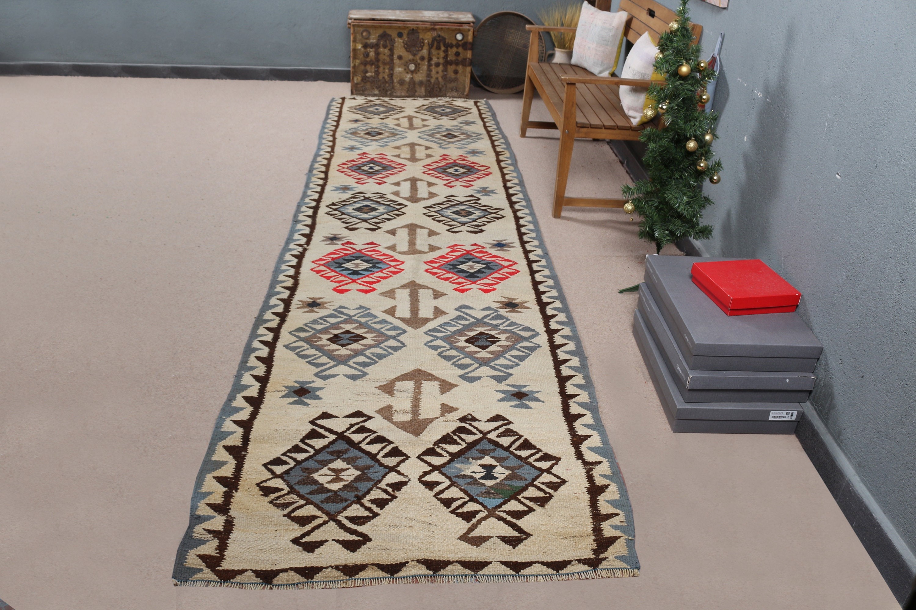 Mutfak Kilim, Bej Serin Kilim, Mutfak Kilim, Yolluk Kilim, Antik Kilim, Nostaljik Kilim, Mutfak Kilim, 109x401 cm Yolluk Kilim