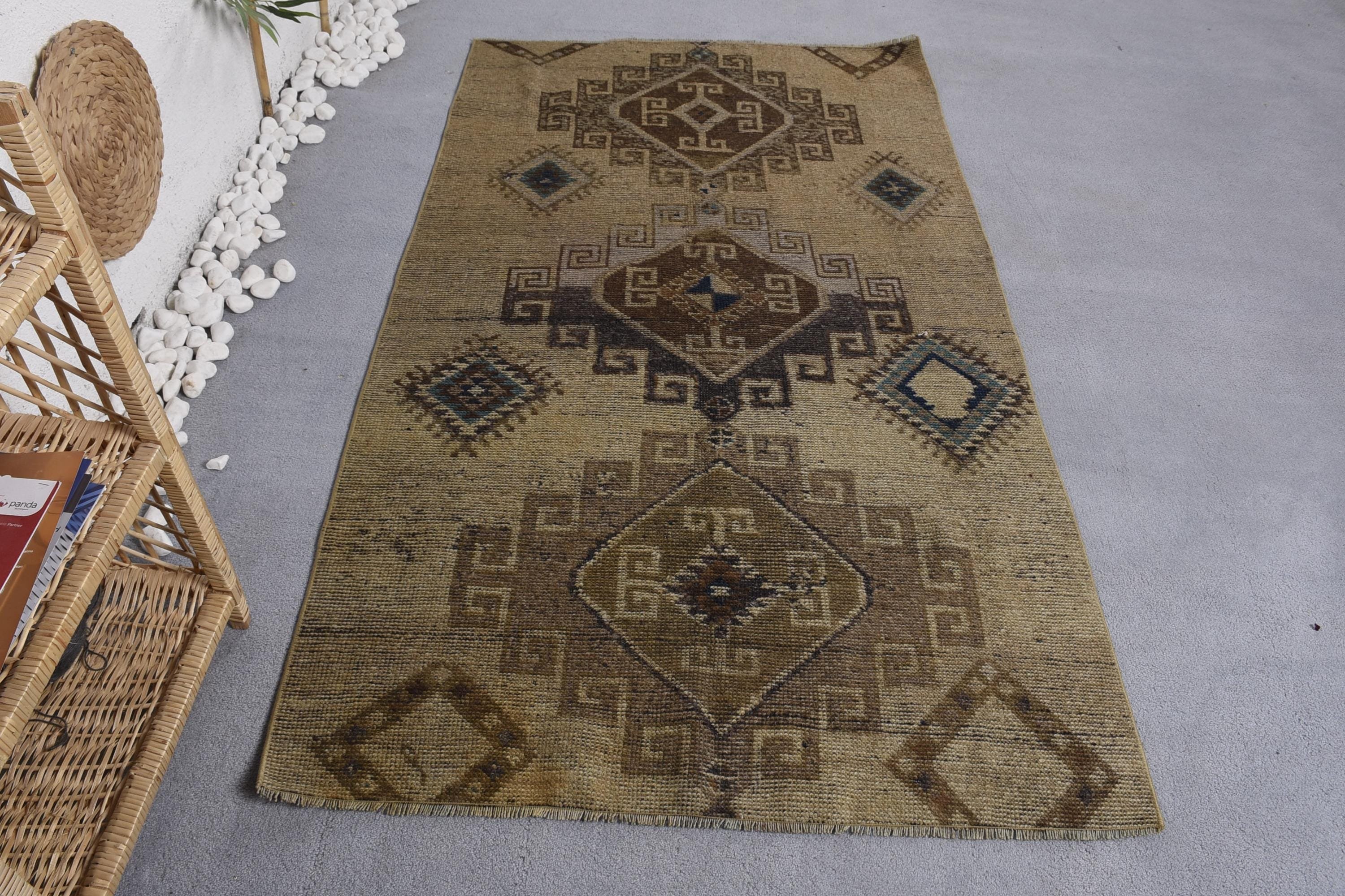 Yün Halı, Vintage Halılar, Mutfak Halıları, Oushak Halı, El Dokuma Halı, Ofis Halıları, Türk Halısı, 3,7x6,7 ft Alan Halısı, Bej Geometrik Halı