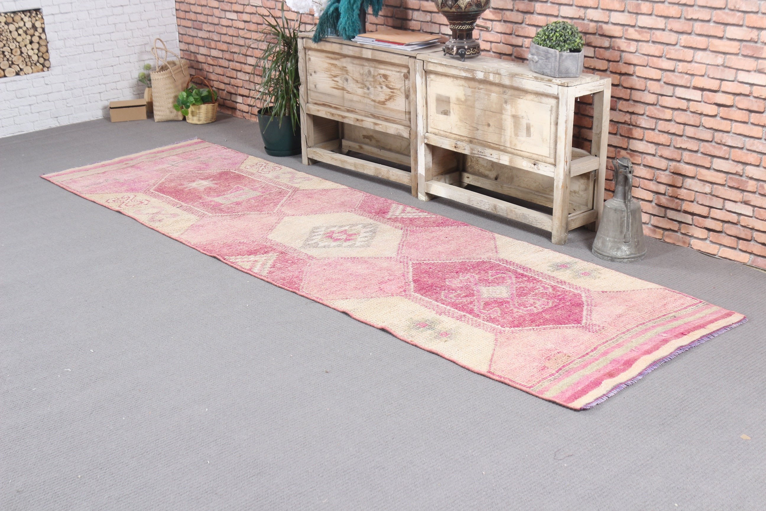 3x10.4 ft Runner Halı, Oushak Halı, Merdiven Halıları, Vintage Halılar, Yün Halı, Pembe Oryantal Halı, Hindi Halıları, Mutfak Halıları, Türk Halısı