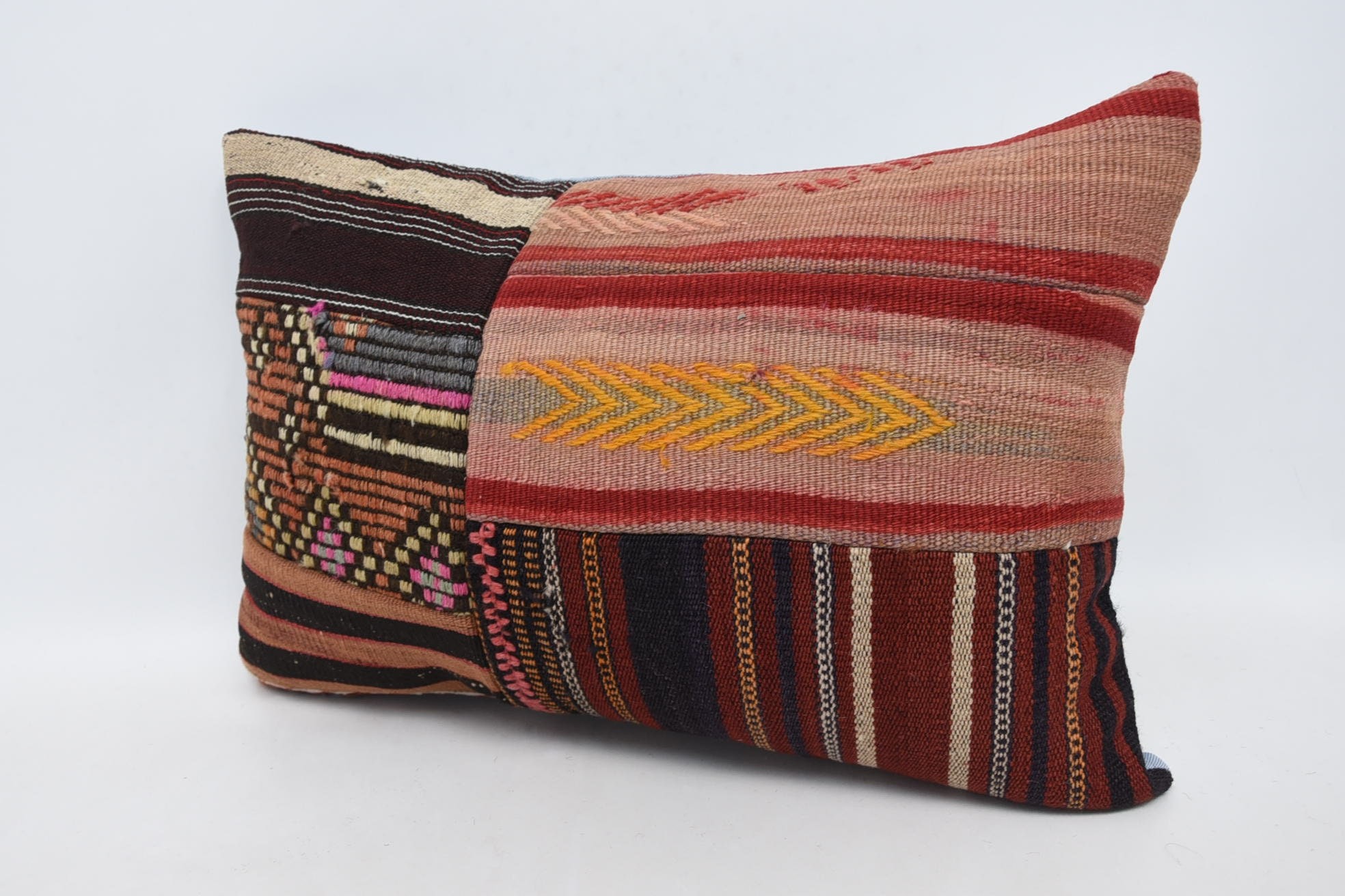 Ethnical Kilim Rug Pillow, Turkish Bench Pillow, Turkish Pillow, 16"x24" Brown Cushion Cover, Vintage Cushion, Kilim Pillow Cover