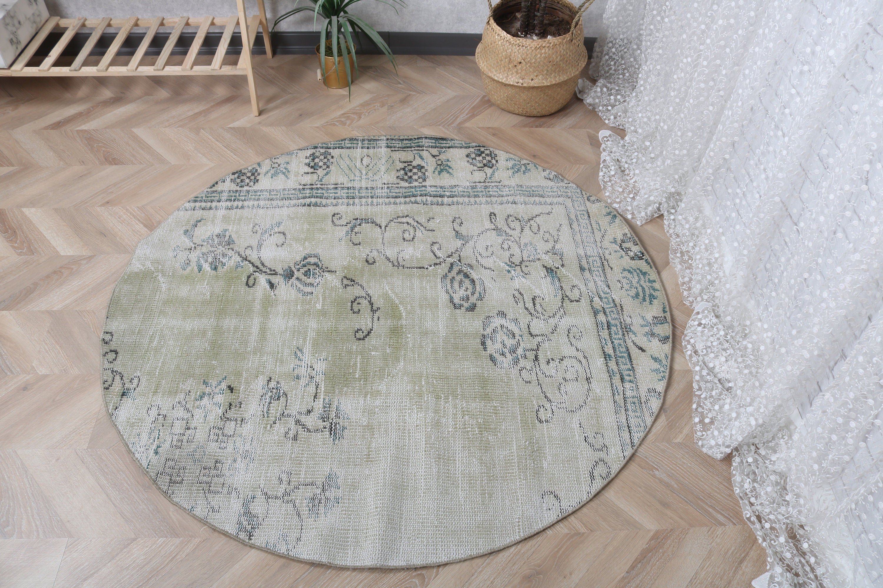 Wool Rugs, Decorative Rugs, Green Floor Rug, Vintage Rugs, Turkish Rug, Bedroom Rug, 4.4x4.4 ft Accent Rugs, Neutral Rug, Rugs for Bedroom