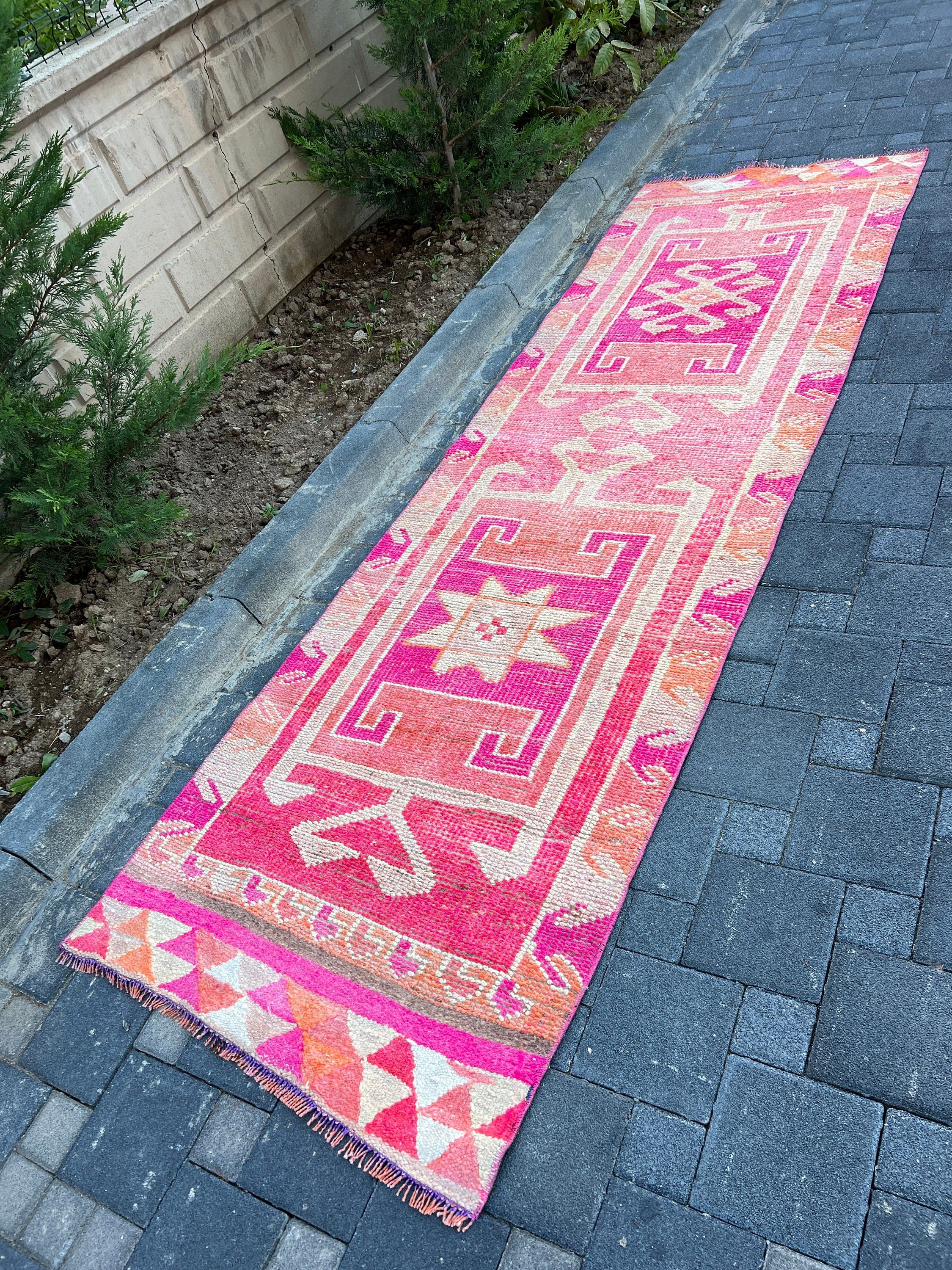 Hallway Rug, Turkish Rugs, Bedroom Rug, 3x10.3 ft Runner Rugs, Pink Antique Rugs, Vintage Rug, Corridor Rug, Retro Rugs