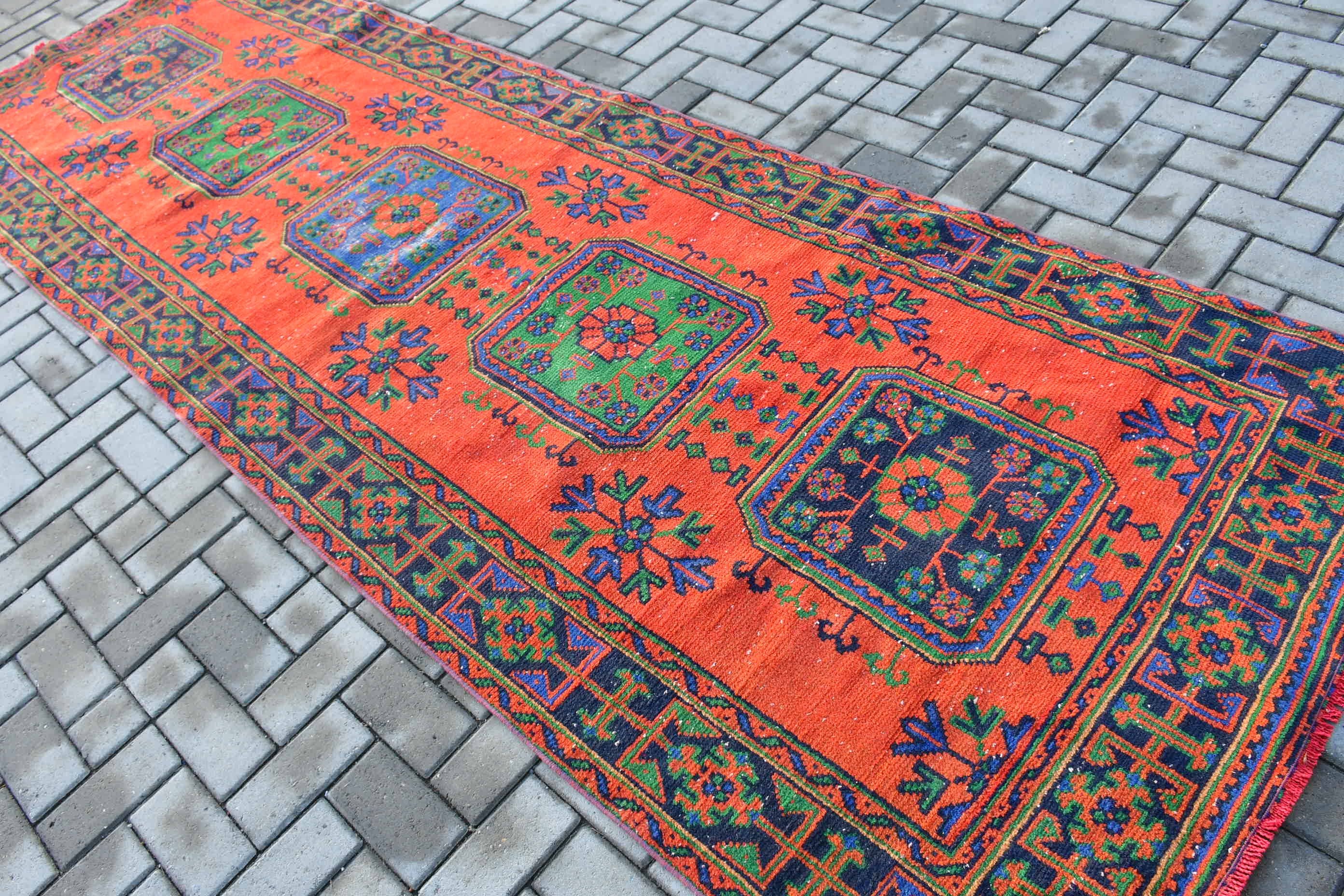 Vintage Halı, Yer Halısı, Harika Halılar, Turuncu 3.8x11.6 ft Runner Halısı, Türk Halıları, Merdiven Halıları, Etnik Halılar, Koridor Halısı