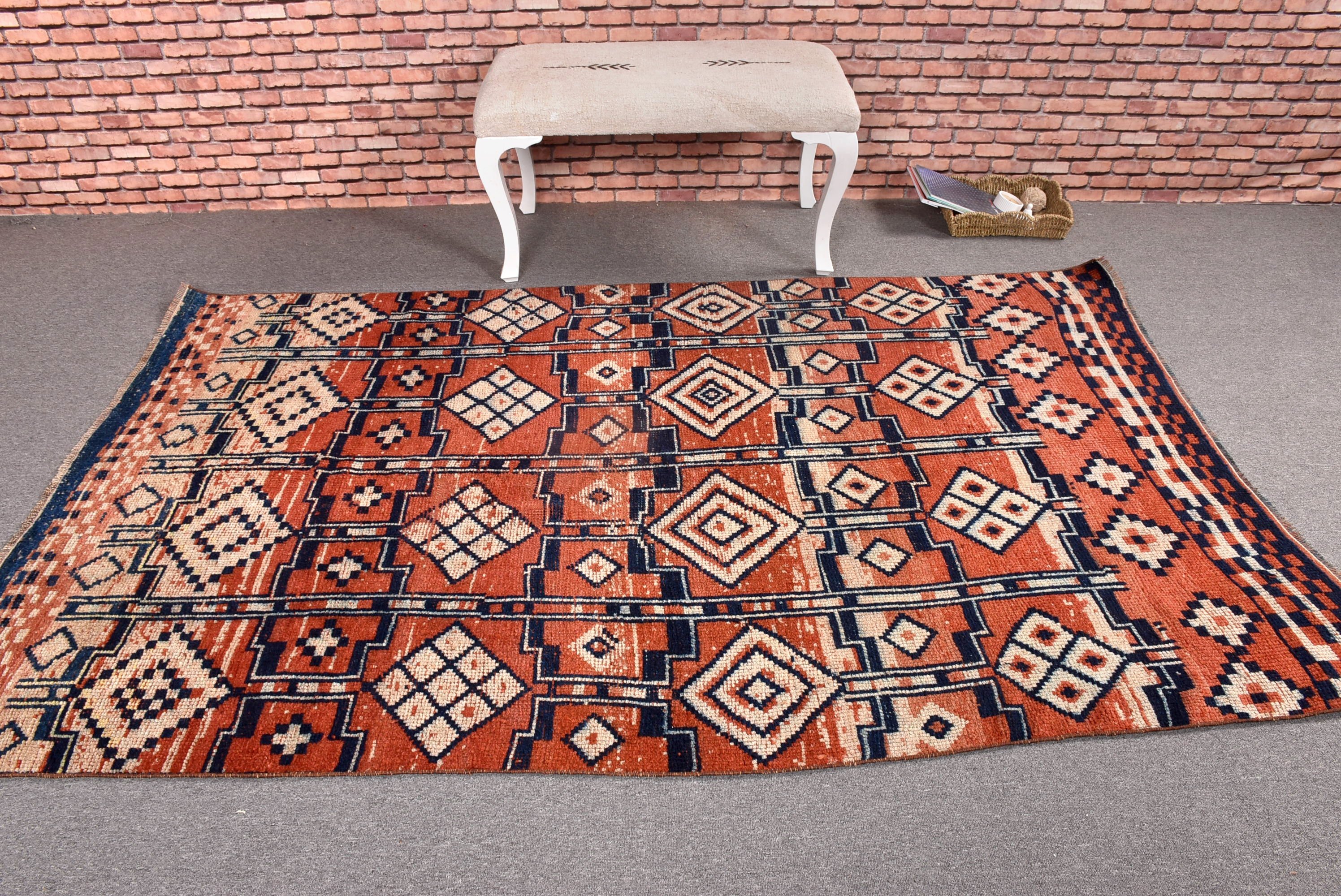 Geometric Rugs, Vintage Rugs, 4.8x7.8 ft Area Rugs, Orange Flatweave Rug, Turkish Rugs, Anatolian Rugs, Floor Rug, Living Room Rug