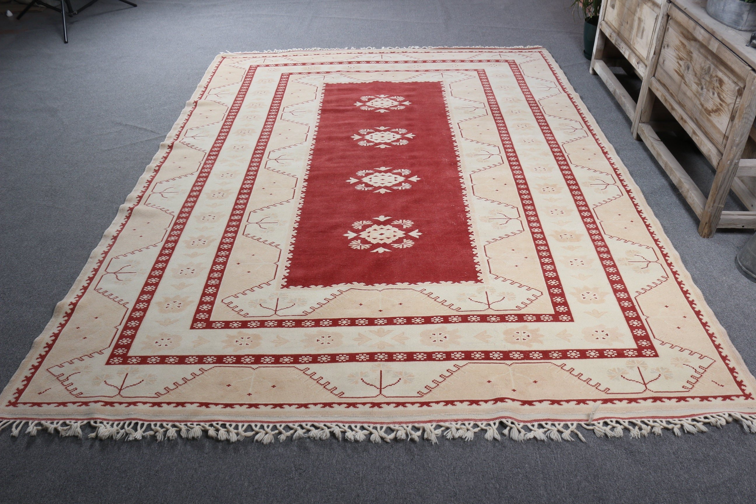 Türk Halıları, Büyük Oushak Halısı, Geometrik Halı, 6,6x8,8 ft Büyük Halı, Yemek Odası Halısı, Açıklama Halısı, Vintage Halılar, Bej Nötr Halılar